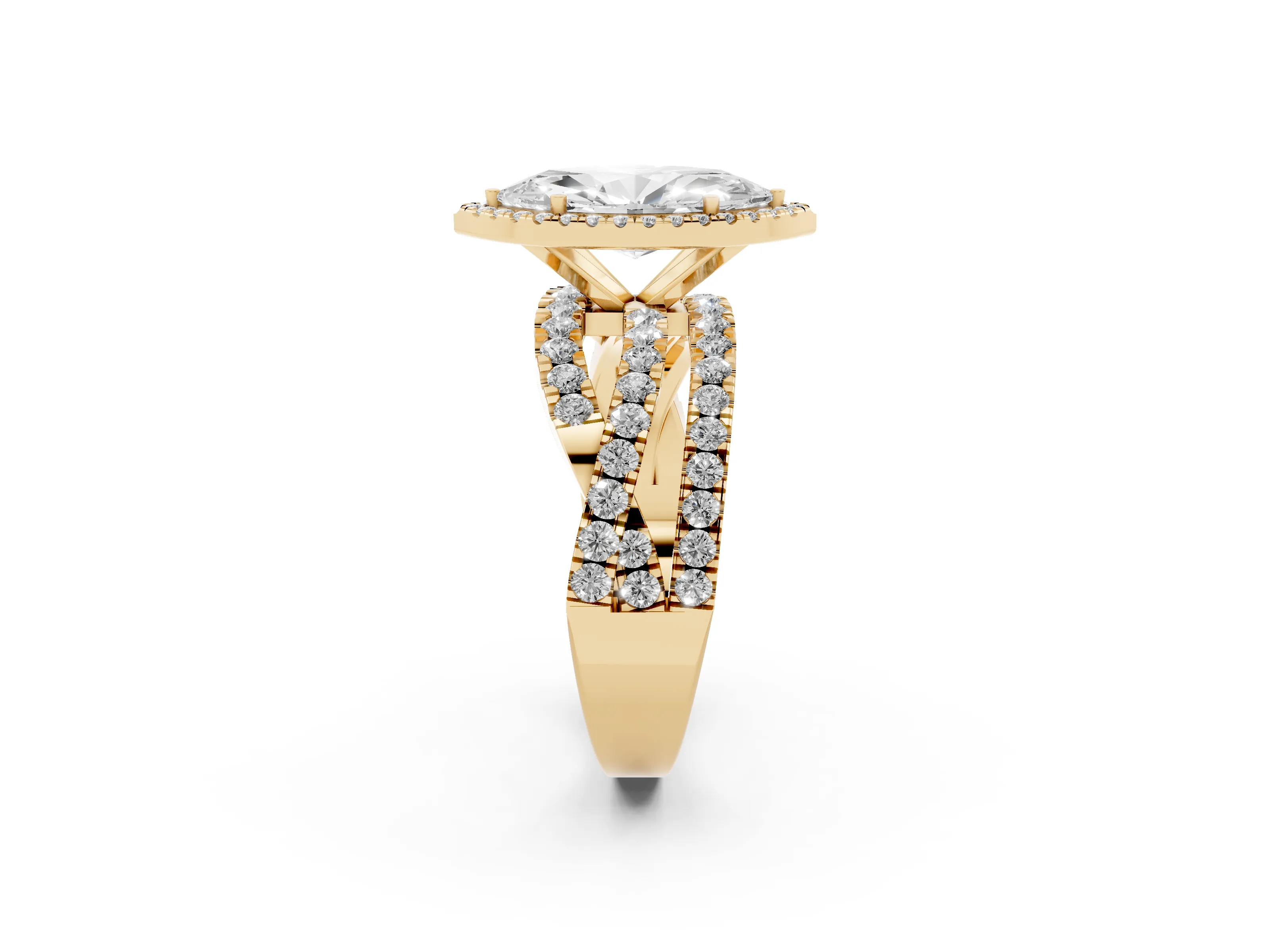 Marquise Cut Diamond Halo Ring Set in Yellow gold with Round Crossover Split Shank and Prong Setting