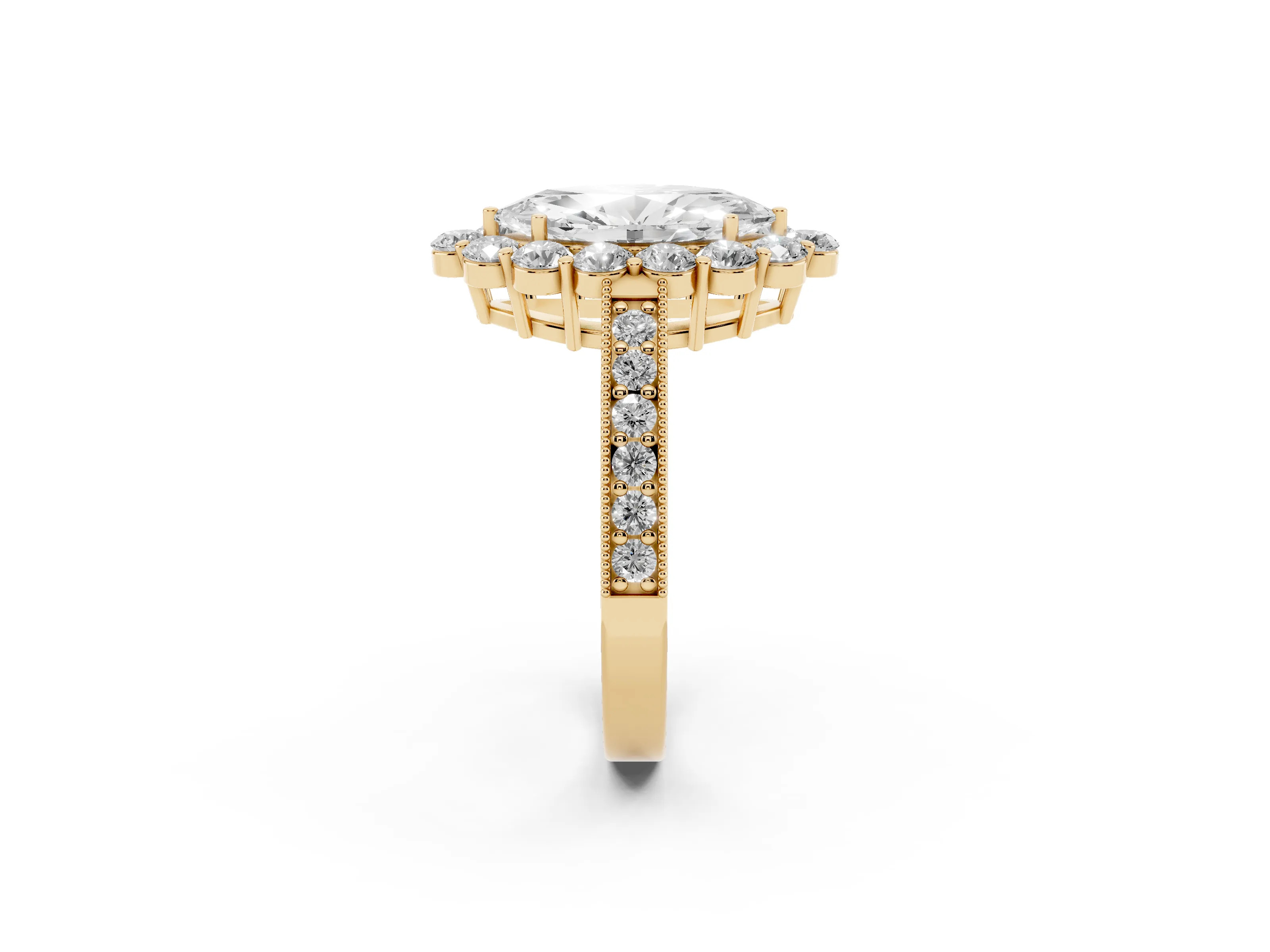 Marquise Cut Diamond Halo Pavé Engagement Ring Set in Yellow gold with Milgrain Detailing