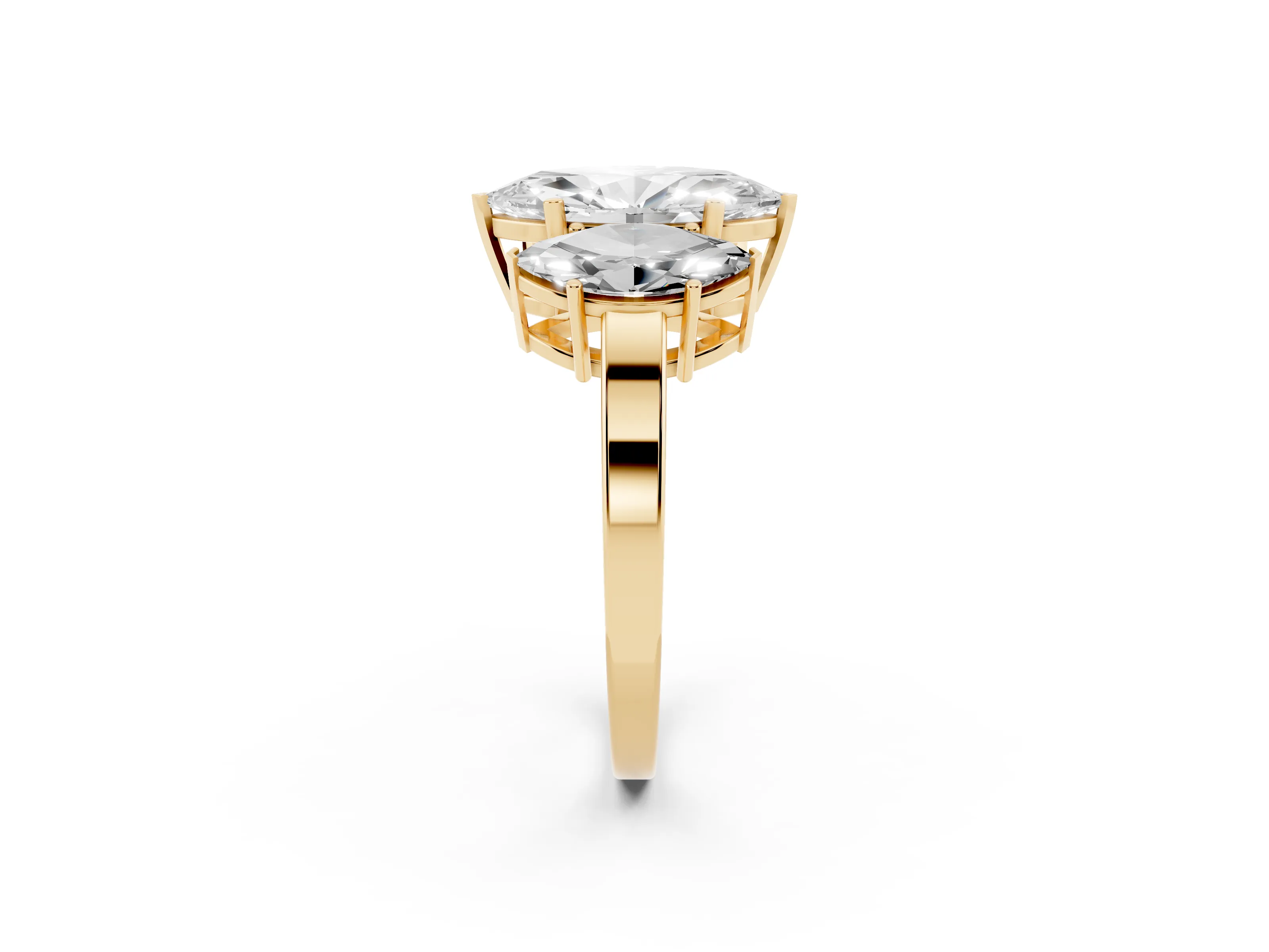 Marquise Cut Diamond Three-Stone Engagement Ring Set in Yellow gold with Flat Band