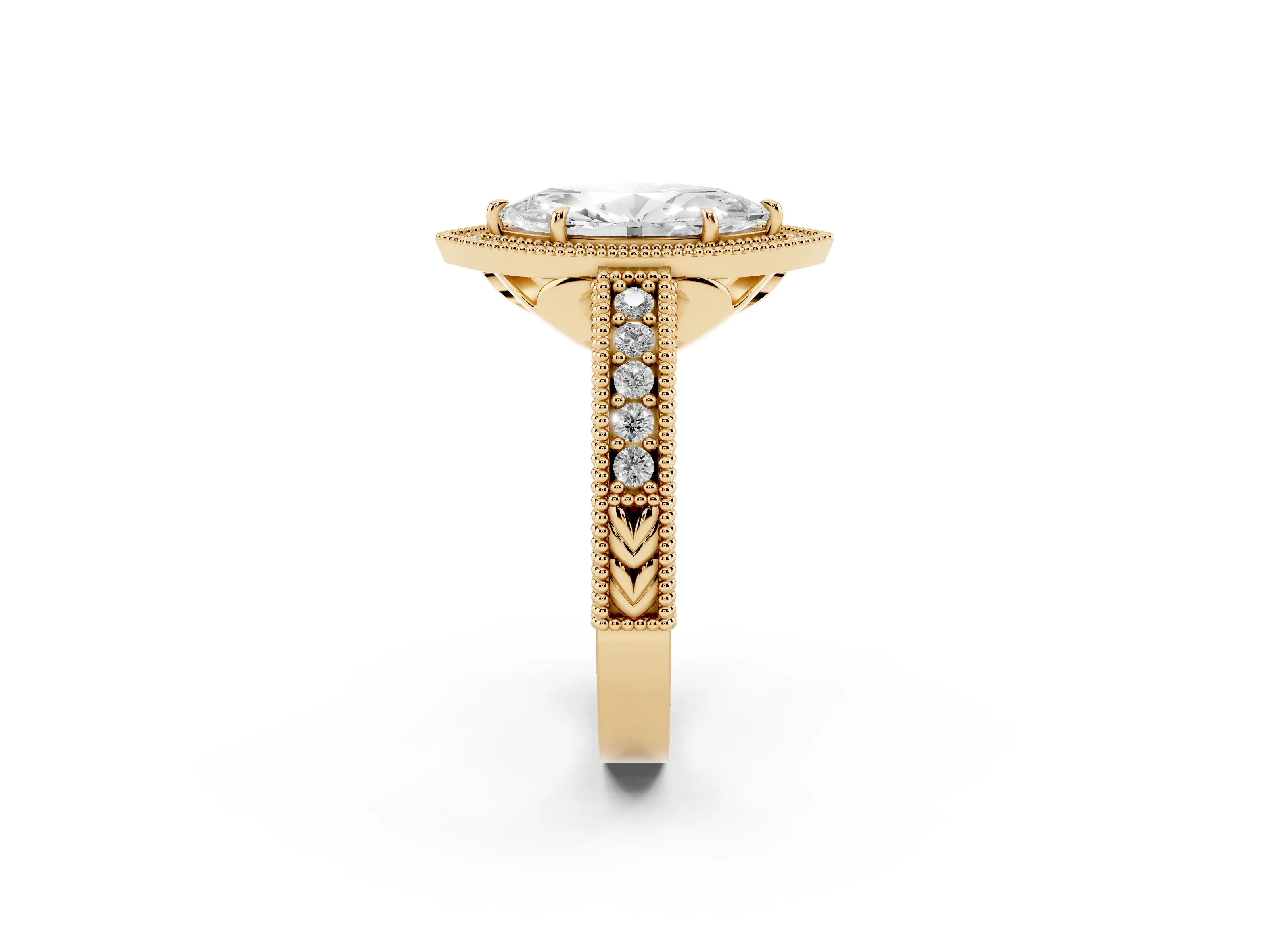 Marquise Cut Diamond Halo Ring Set in Yellow gold with Round Accent Halo, Pavé Band and Prong Setting