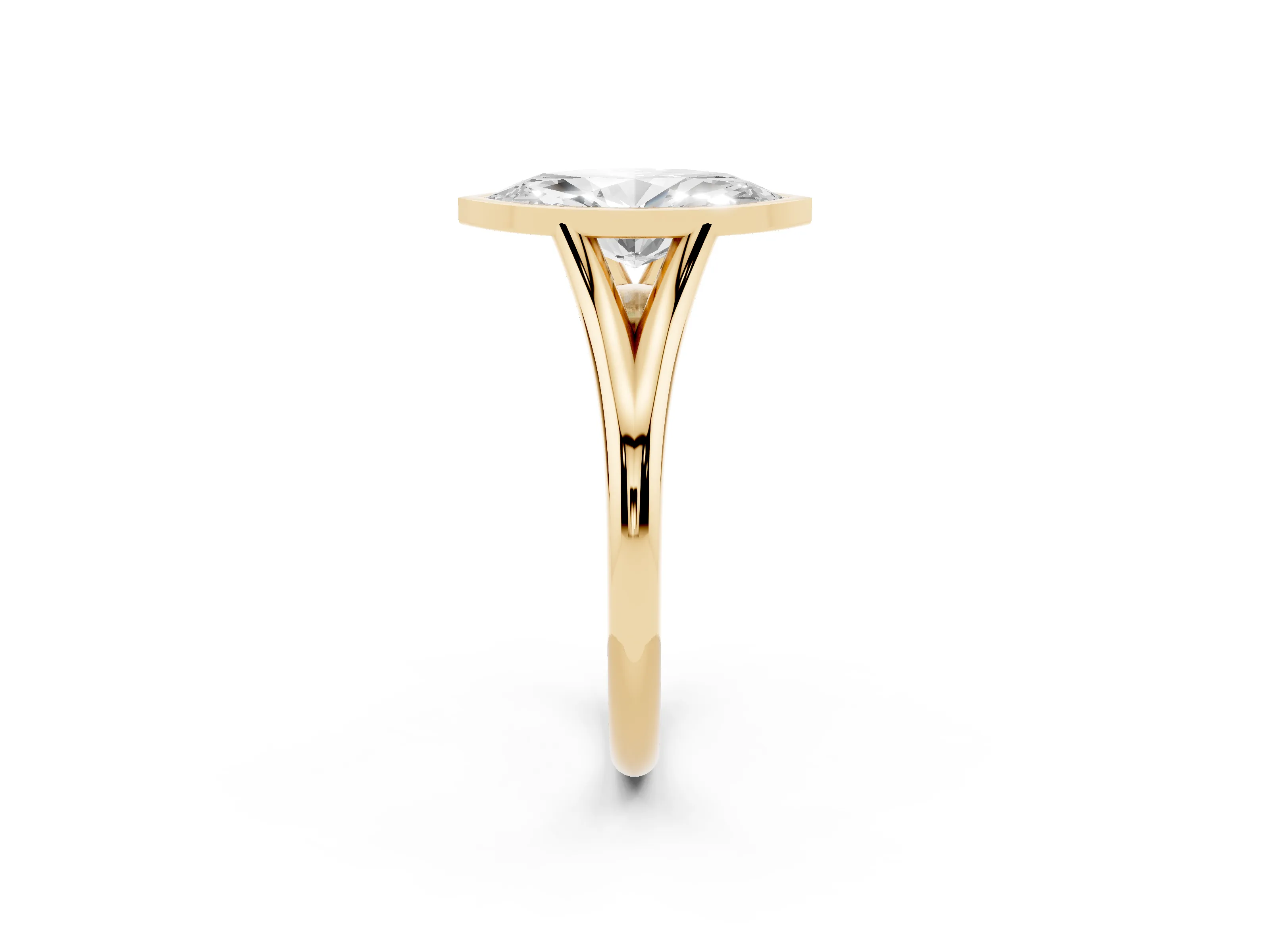 Bezel Set Marquise Cut Diamond Solitaire Ring Set in Yellow gold with Tapered Band