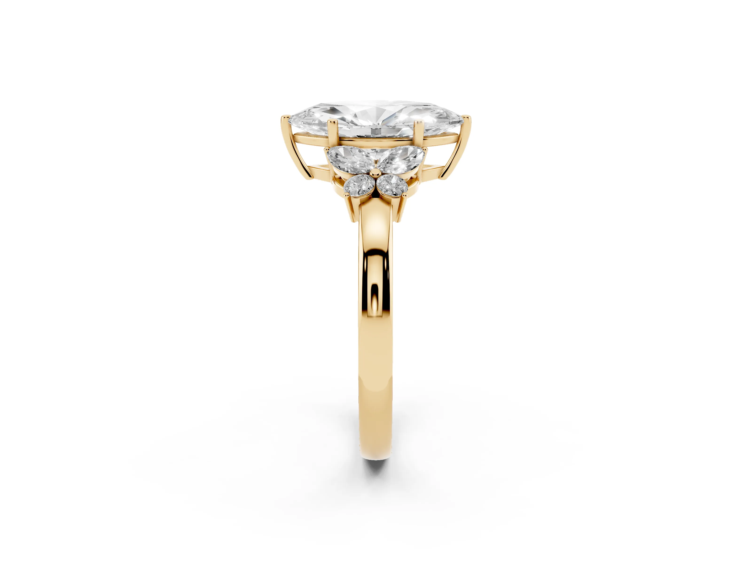 Marquise Cut Diamond Solitaire Floral Ring Set in Yellow gold with Marquise Petals and Prong Setting