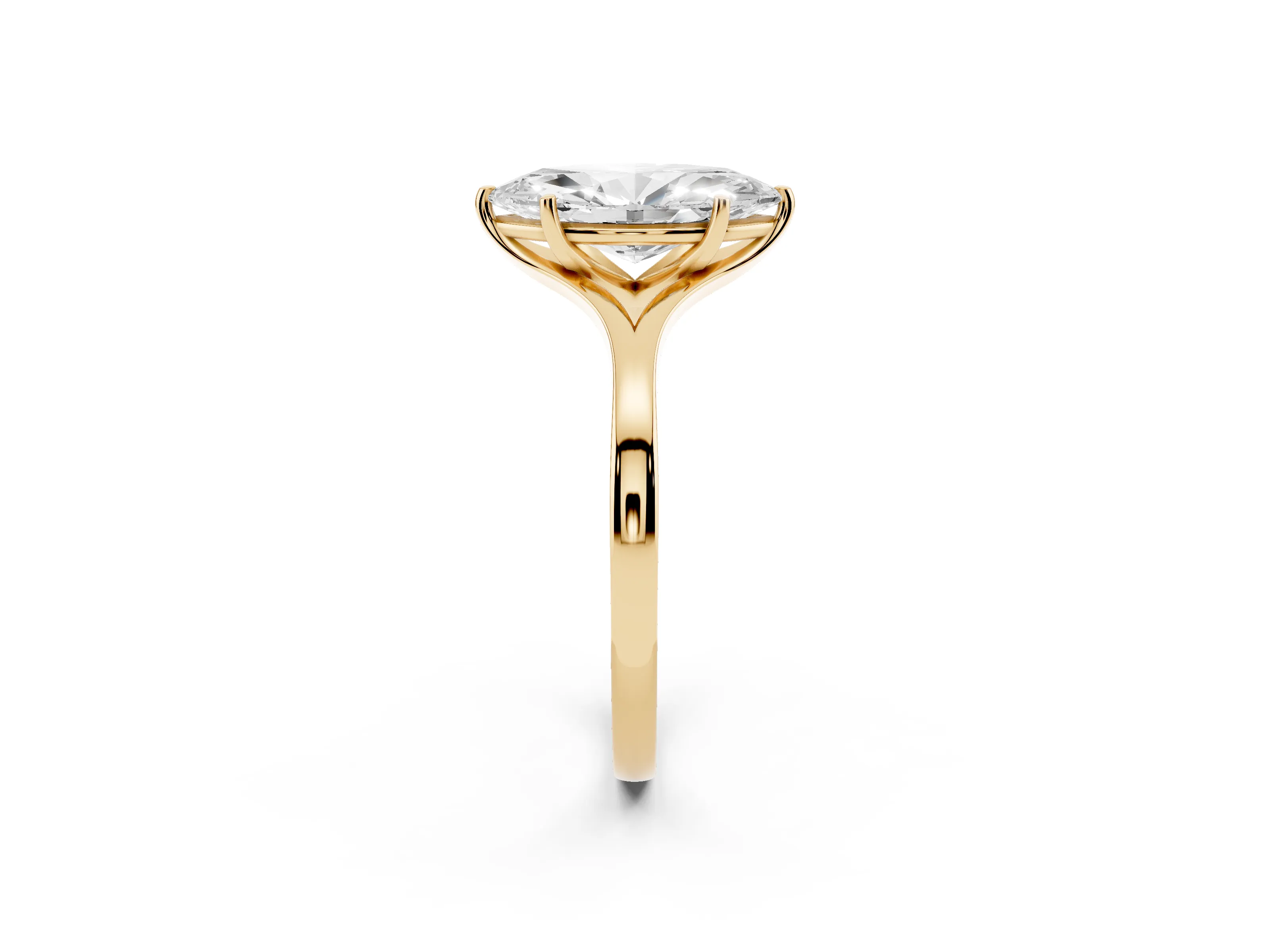 Marquise Cut Diamond Solitaire Ring Set in Yellow gold with Polished Tapered Band and Prong Setting