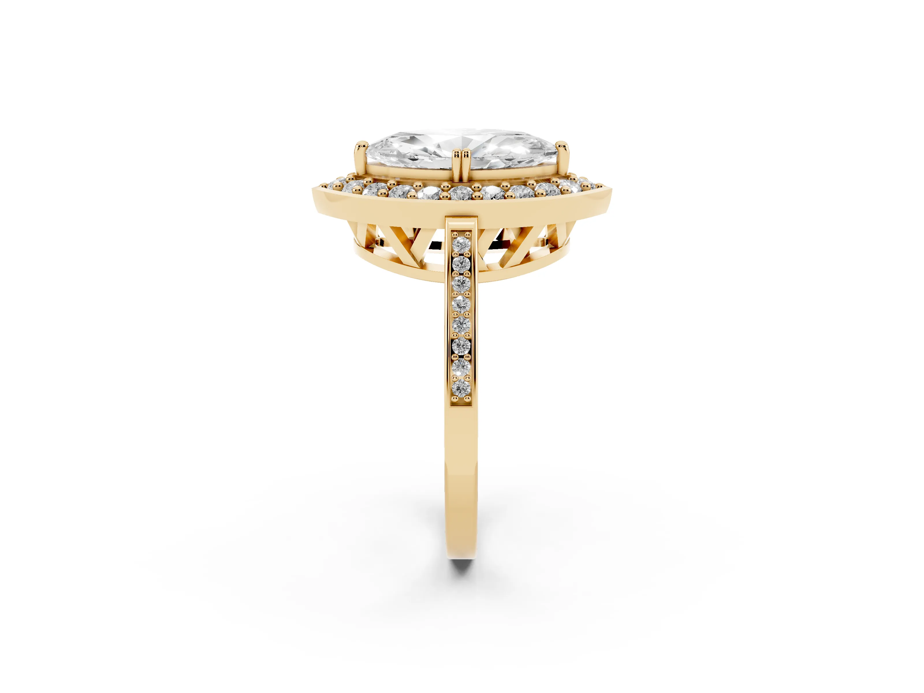 Marquise Cut Diamond Halo Ring Set in Yellow gold with Accent-Lined Split Shank and Prong Setting