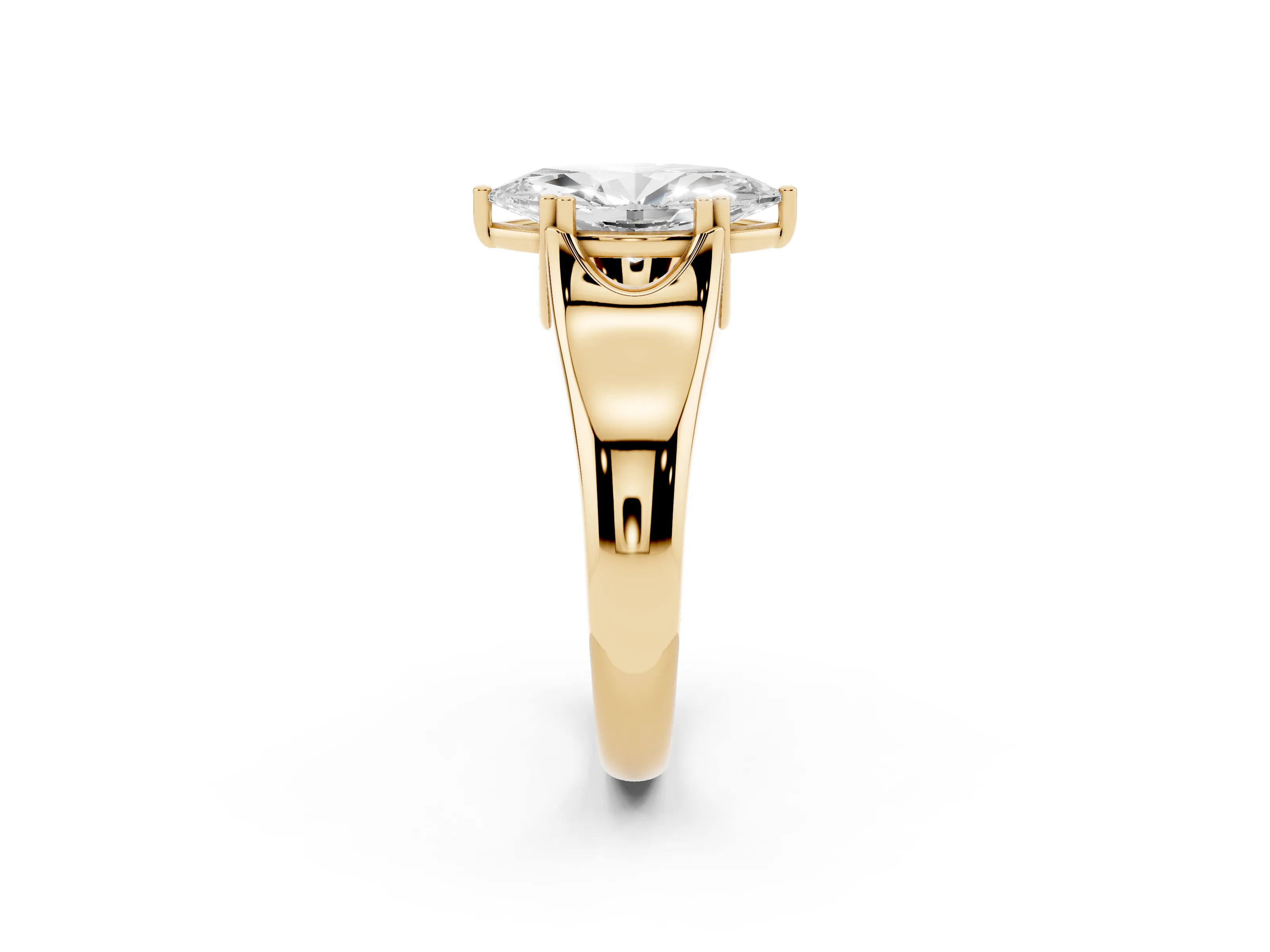 Marquise Cut Diamond Solitaire Ring Set in Yellow gold with Wide Band and Prong Setting