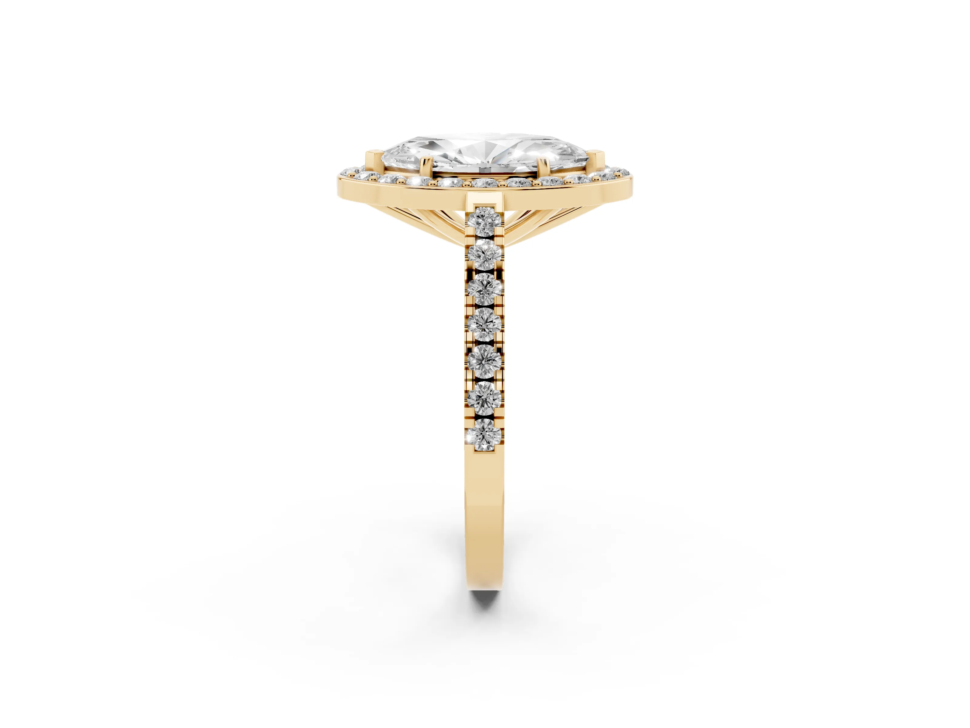Marquise Cut Diamond Halo Ring Set in Yellow gold with Round Pavé Split Shank and Prong Setting