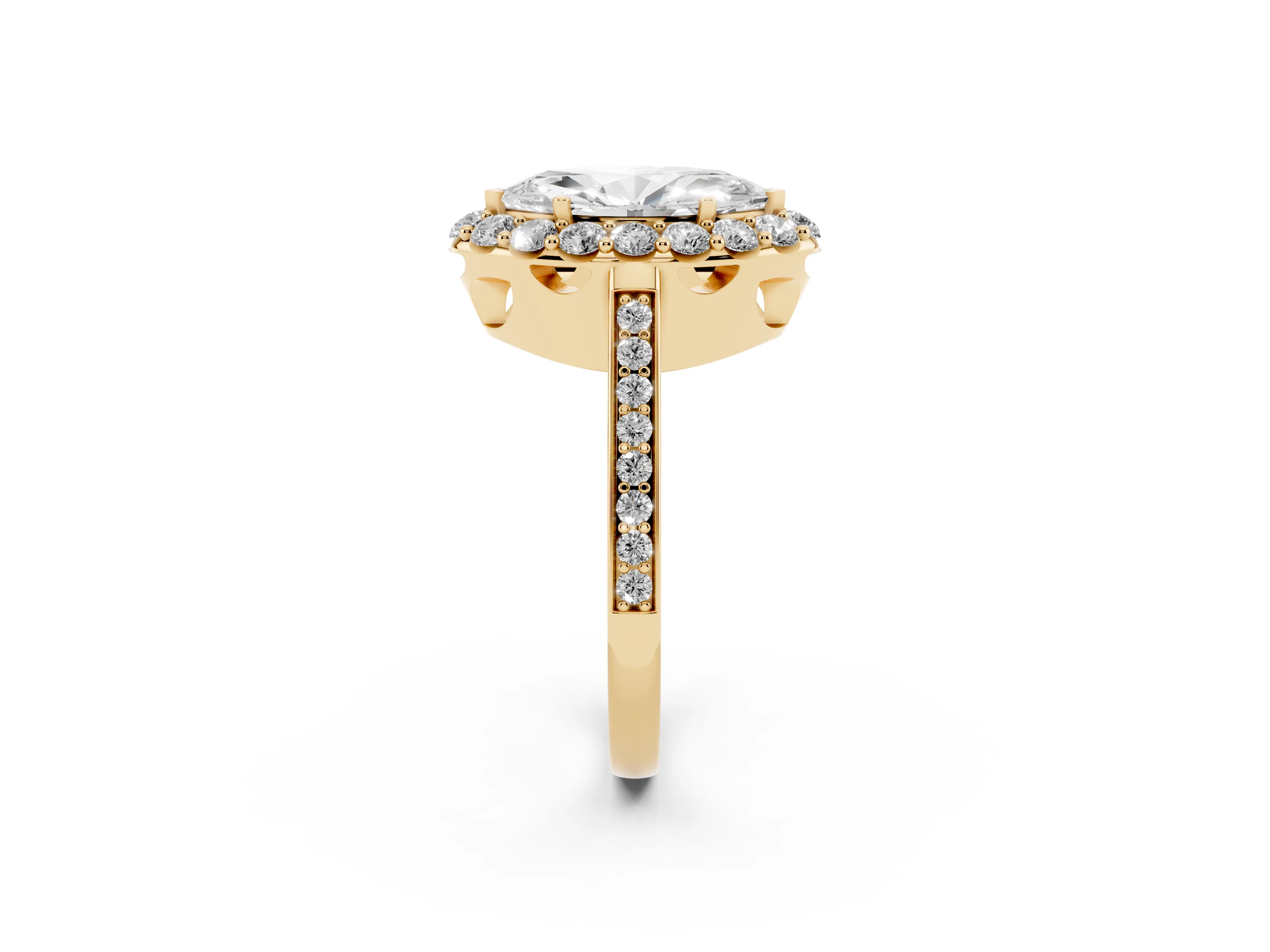 Marquise Cut Diamond Floral Halo Ring Set in Yellow gold with Pavé Band and Prong Setting