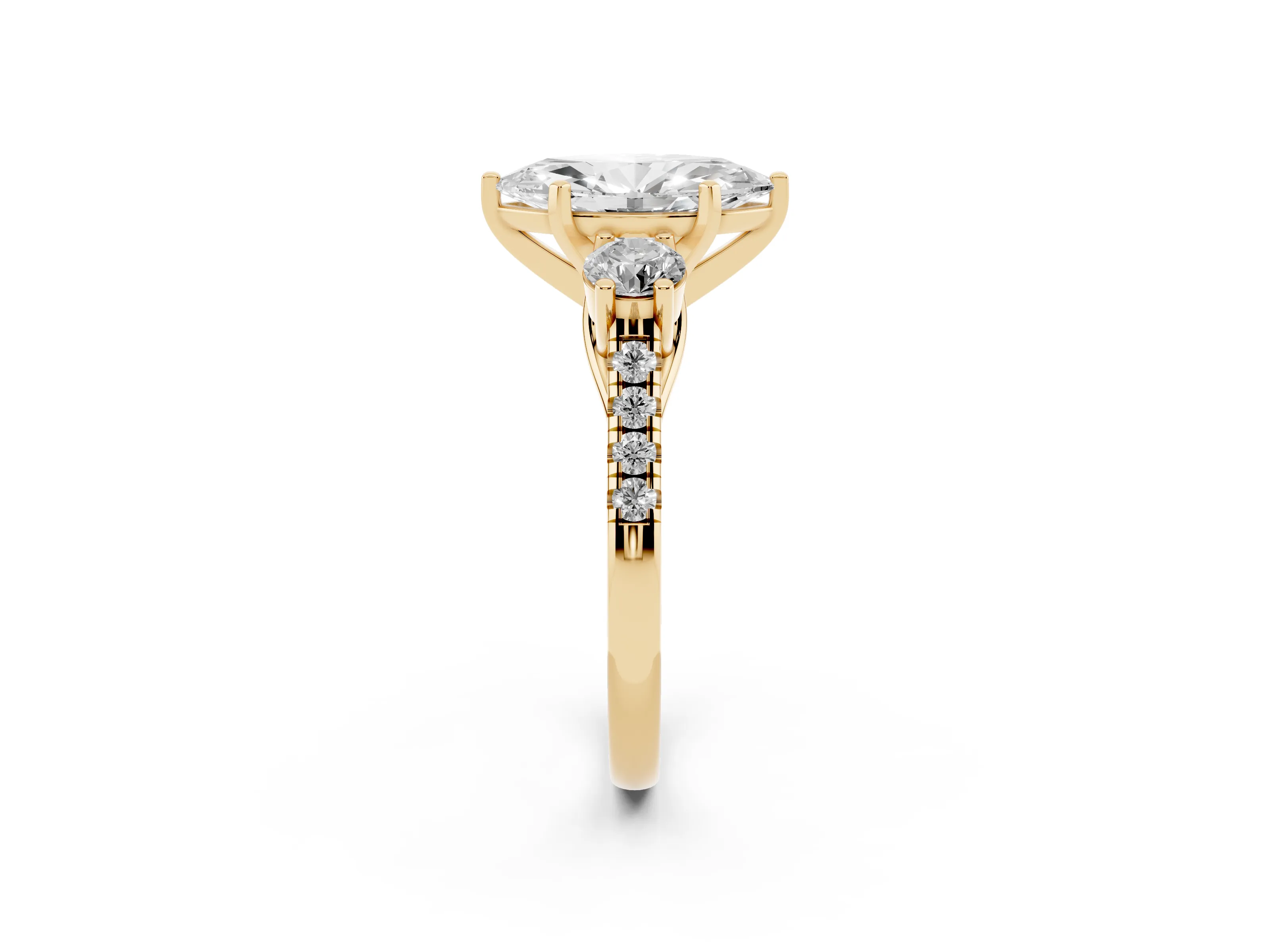Three-Stone Marquise Cut Diamond Pavé Band Ring Set in Yellow gold with Prong-Set Trio