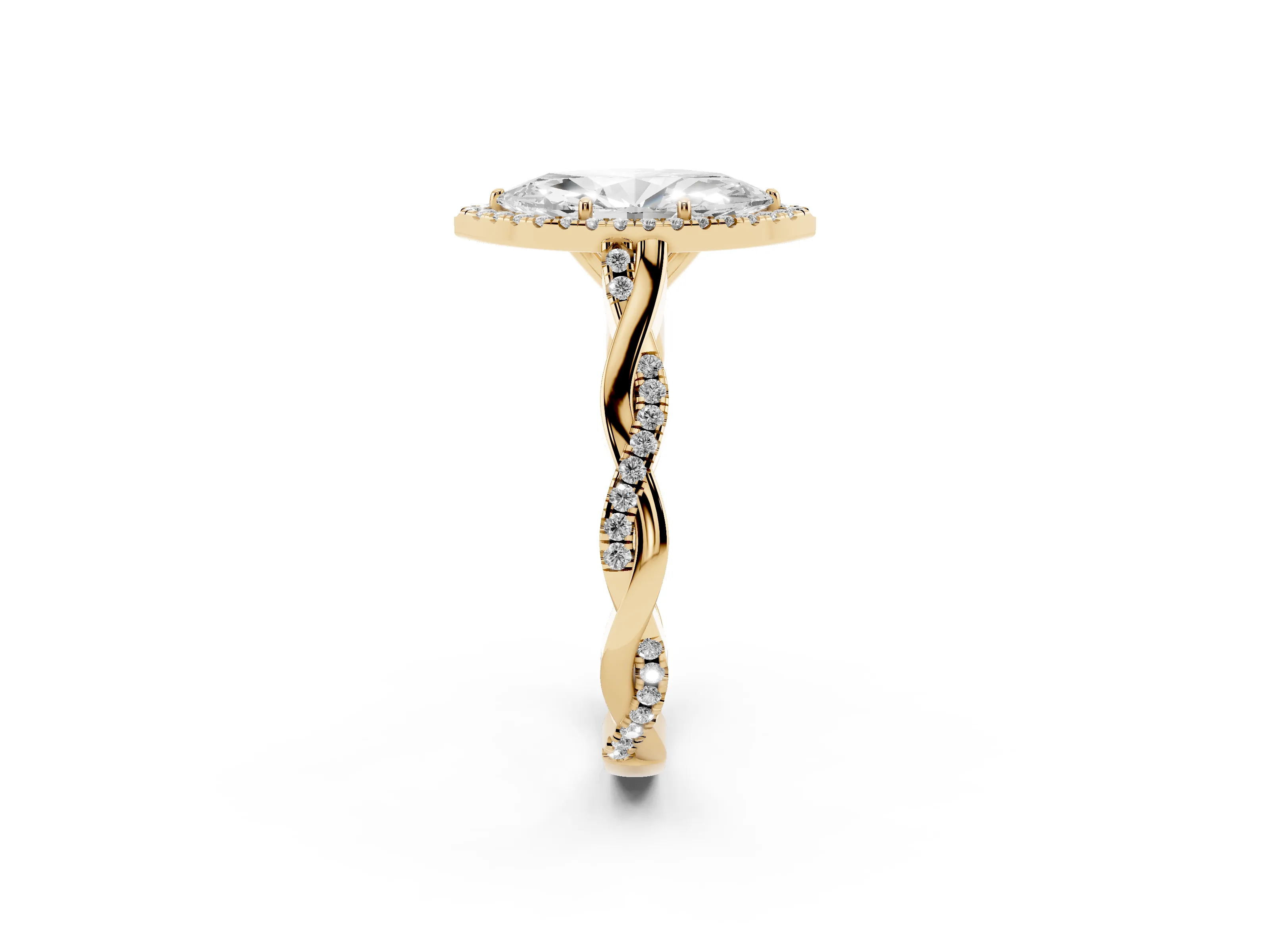 Marquise Cut Diamond Halo Twist Band Solitaire Ring Set in Yellow gold with Prong Setting