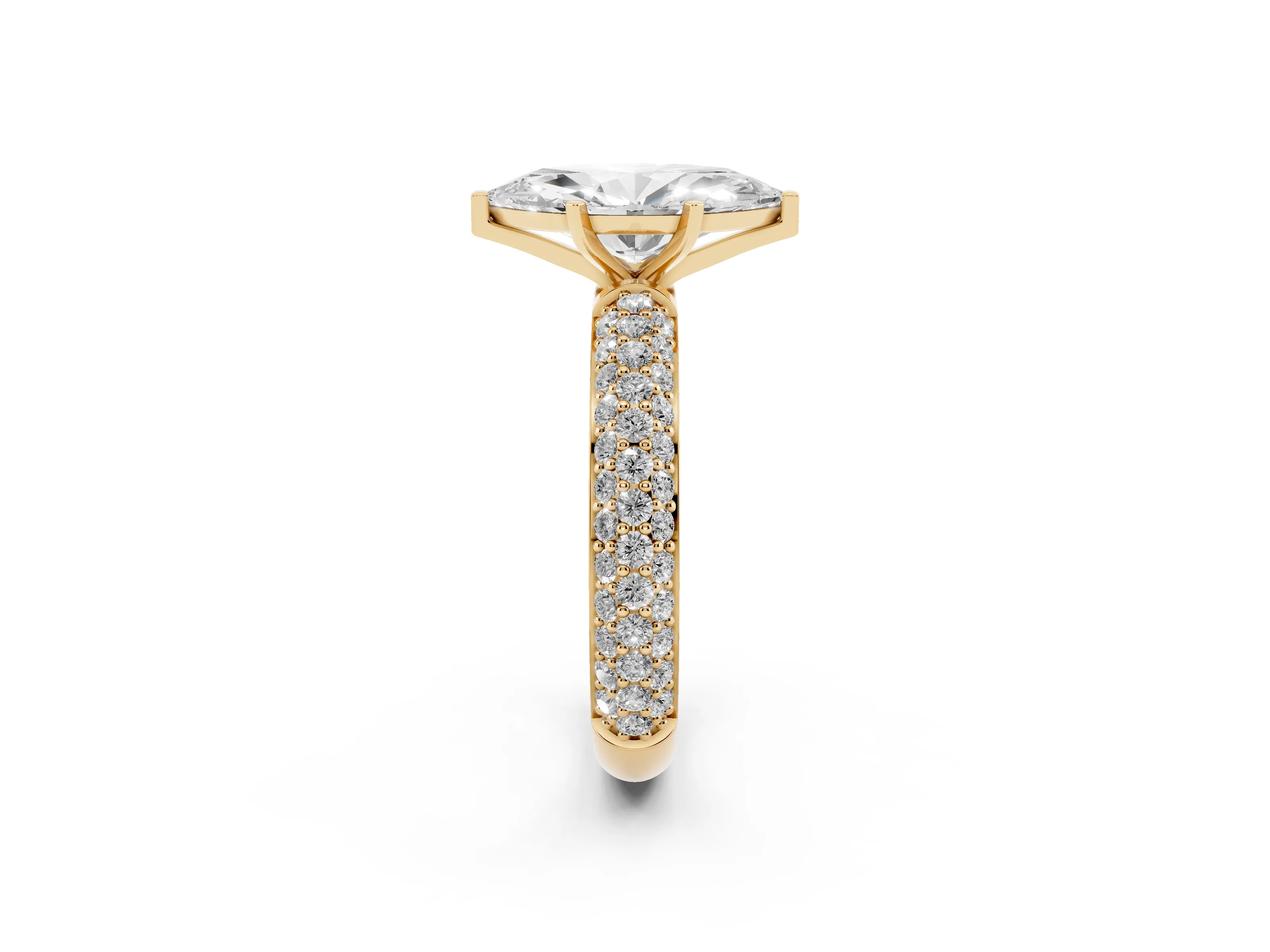 Marquise Cut Diamond Solitaire Ring Set in Yellow gold with Prong Setting and Pavé-Set Band