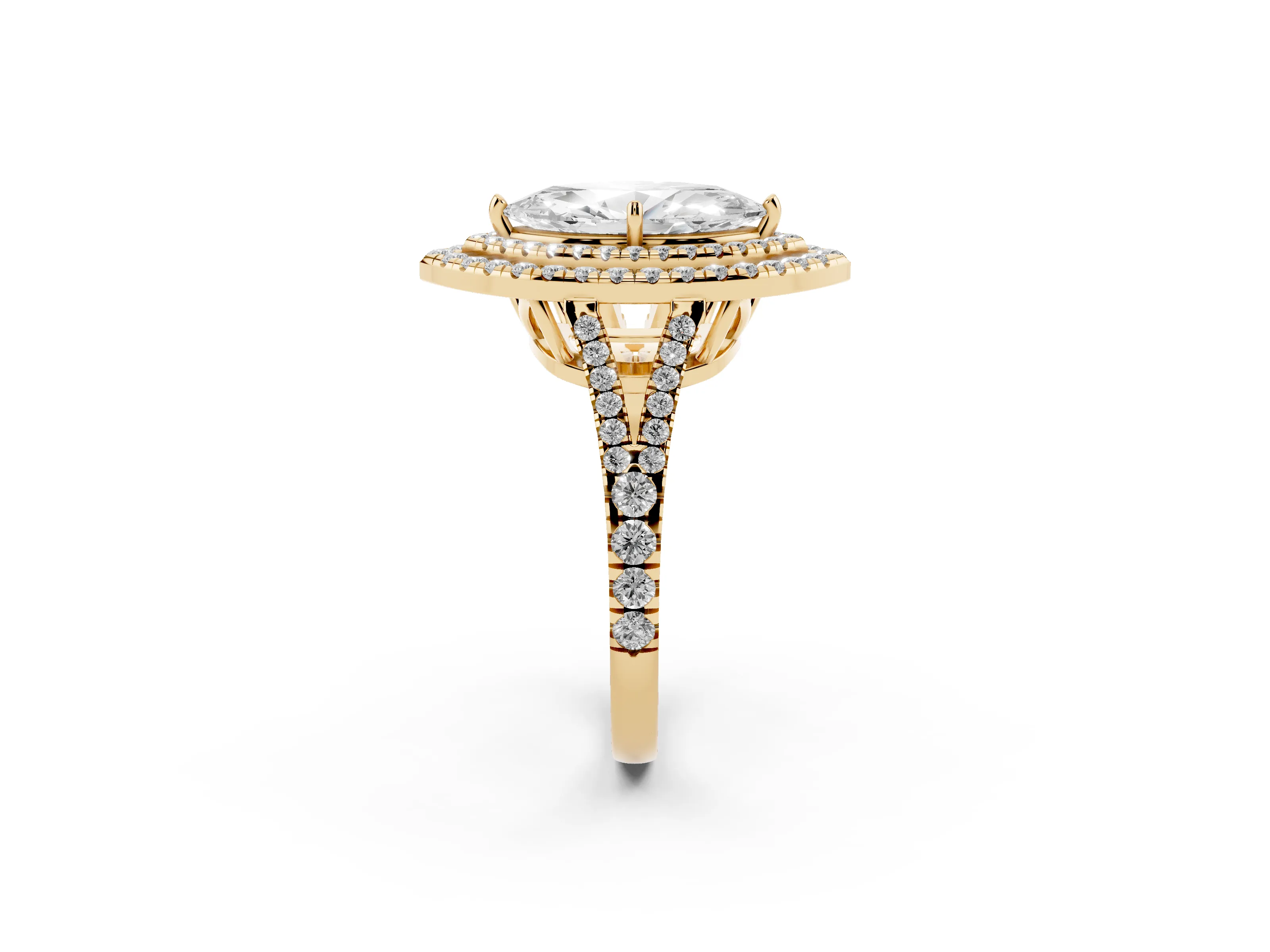 Marquise Cut Diamond Double Halo Ring Set in Yellow gold with Pavé Band