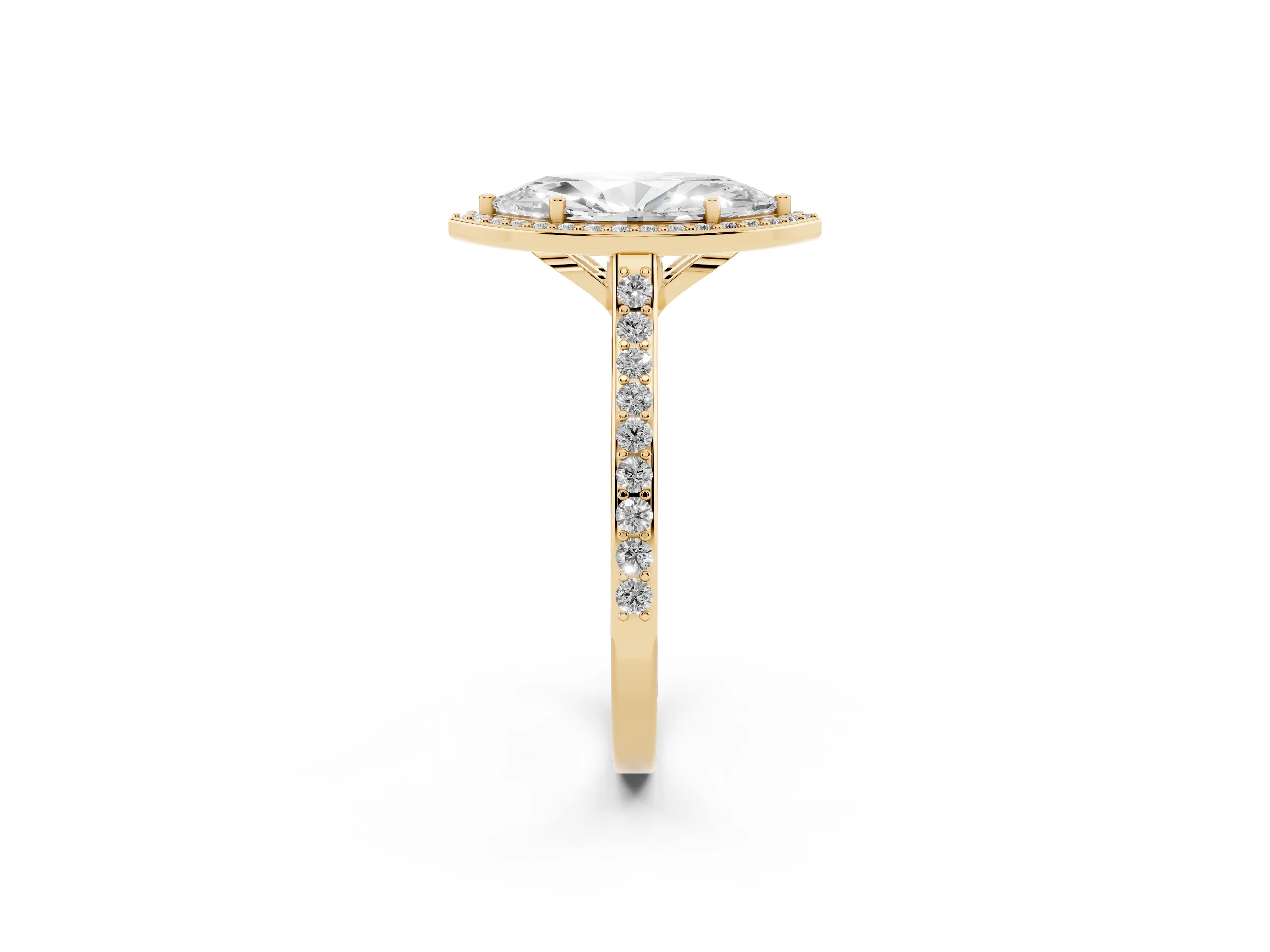 Marquise Cut Diamond Halo Engagement Ring Set in Yellow gold with Round Pavé Shoulders and Heart Gallery