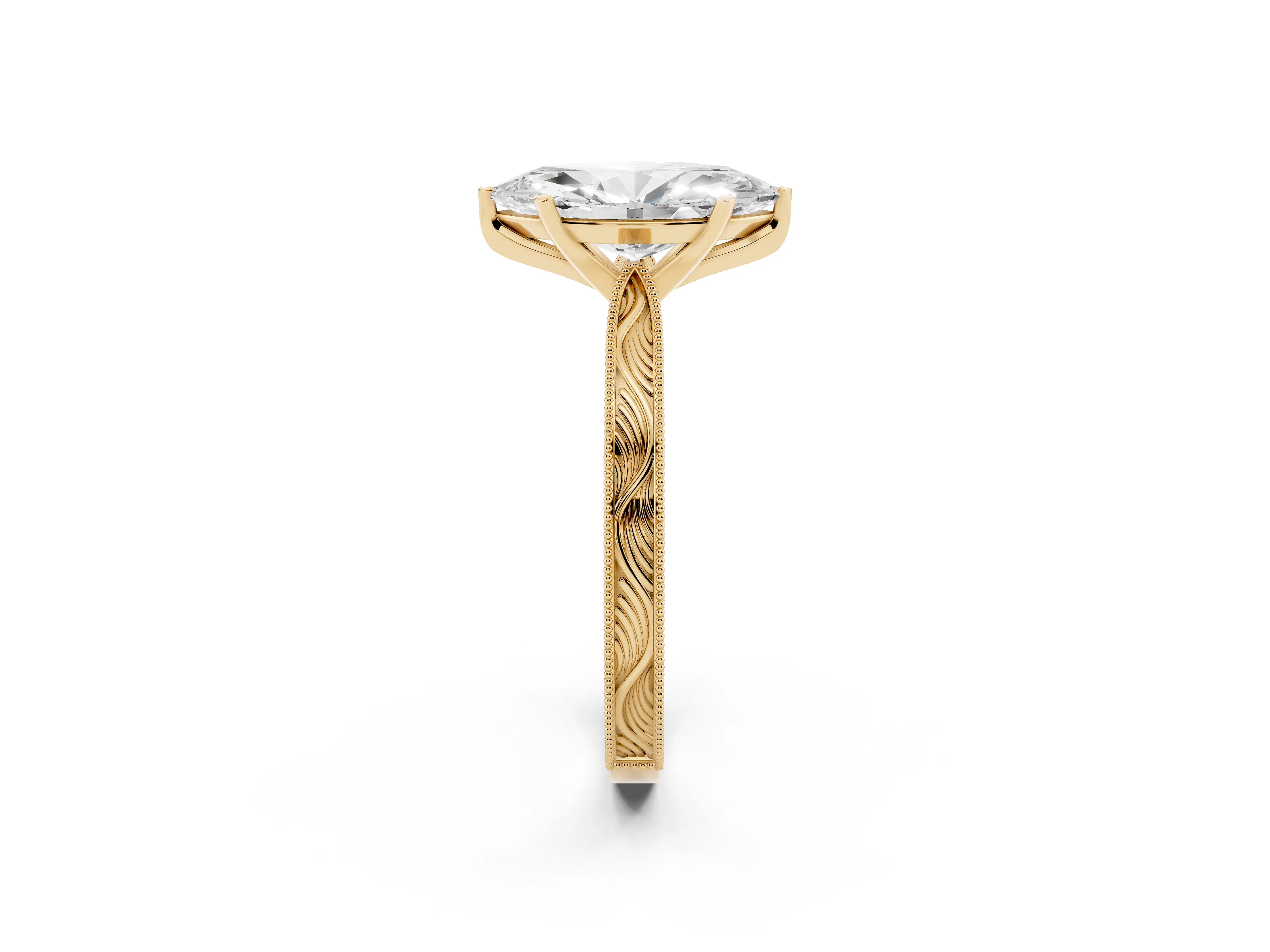 Marquise Cut Diamond Solitaire Milgrain Engraved Band Set in Yellow gold with Prong Setting