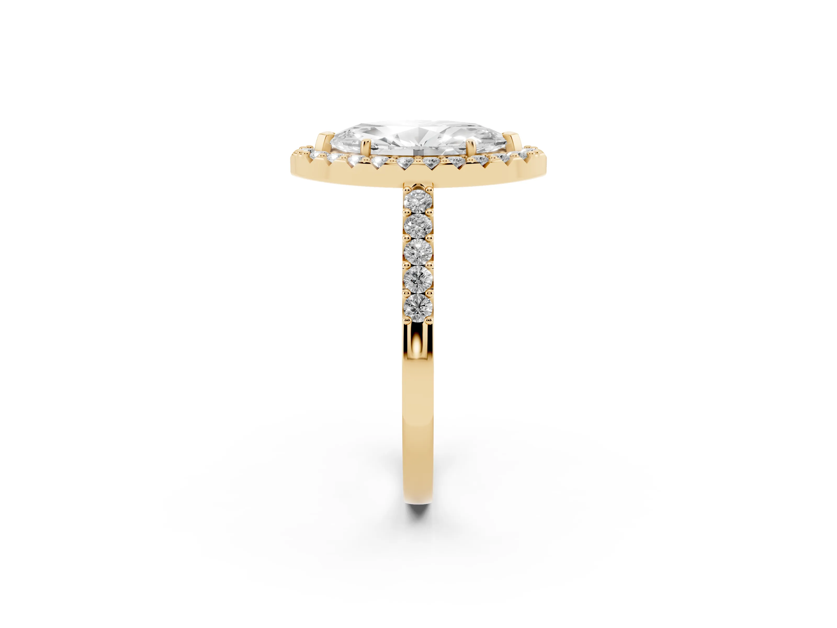 Marquise Cut Diamond Halo Pavé Solitaire Ring Set in Yellow gold with Prong-Set Center Stone