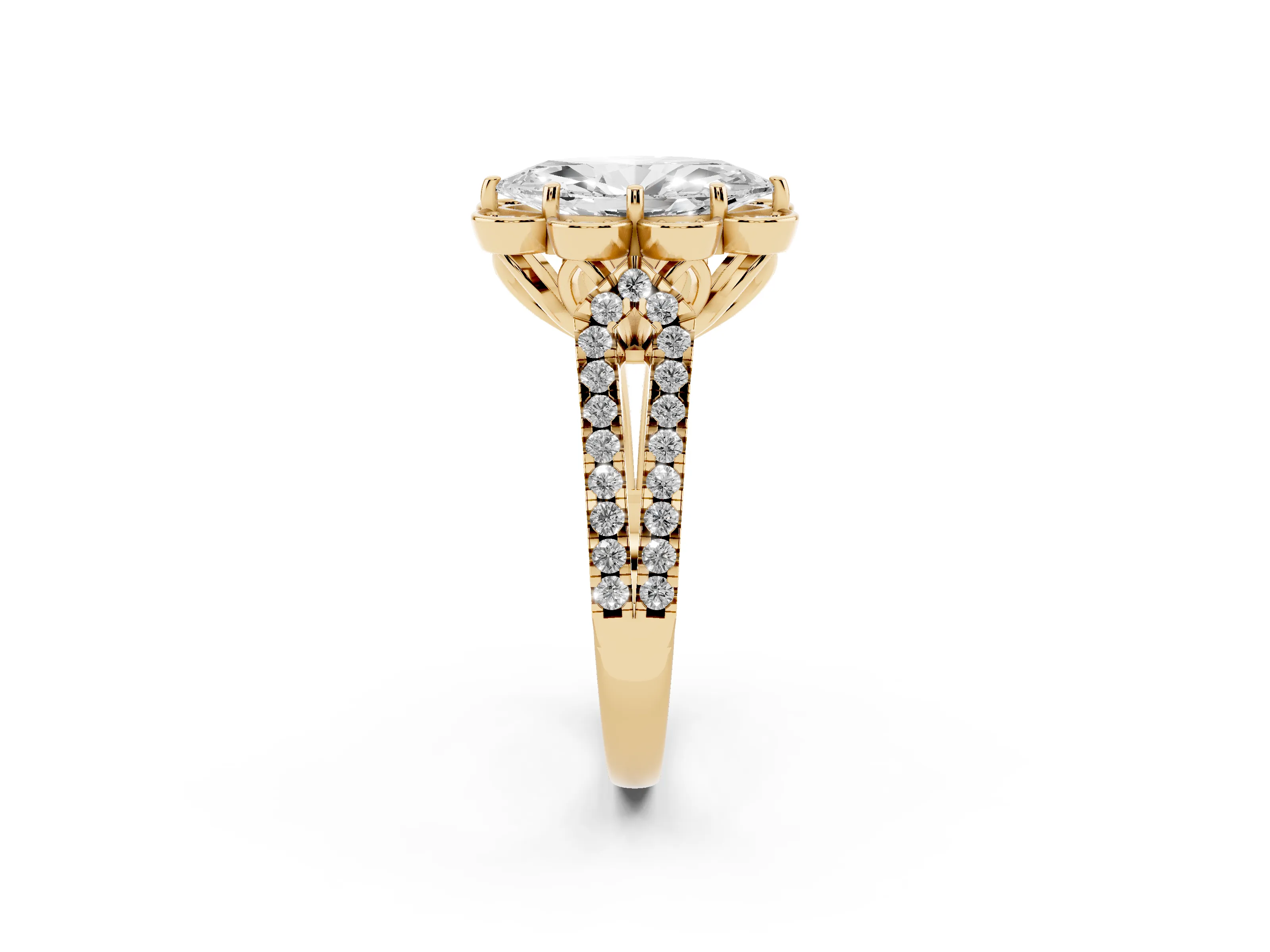 Marquise Cut Diamond Floral Halo Split Shank Engagement Ring Set in Yellow gold with Pavé Shank