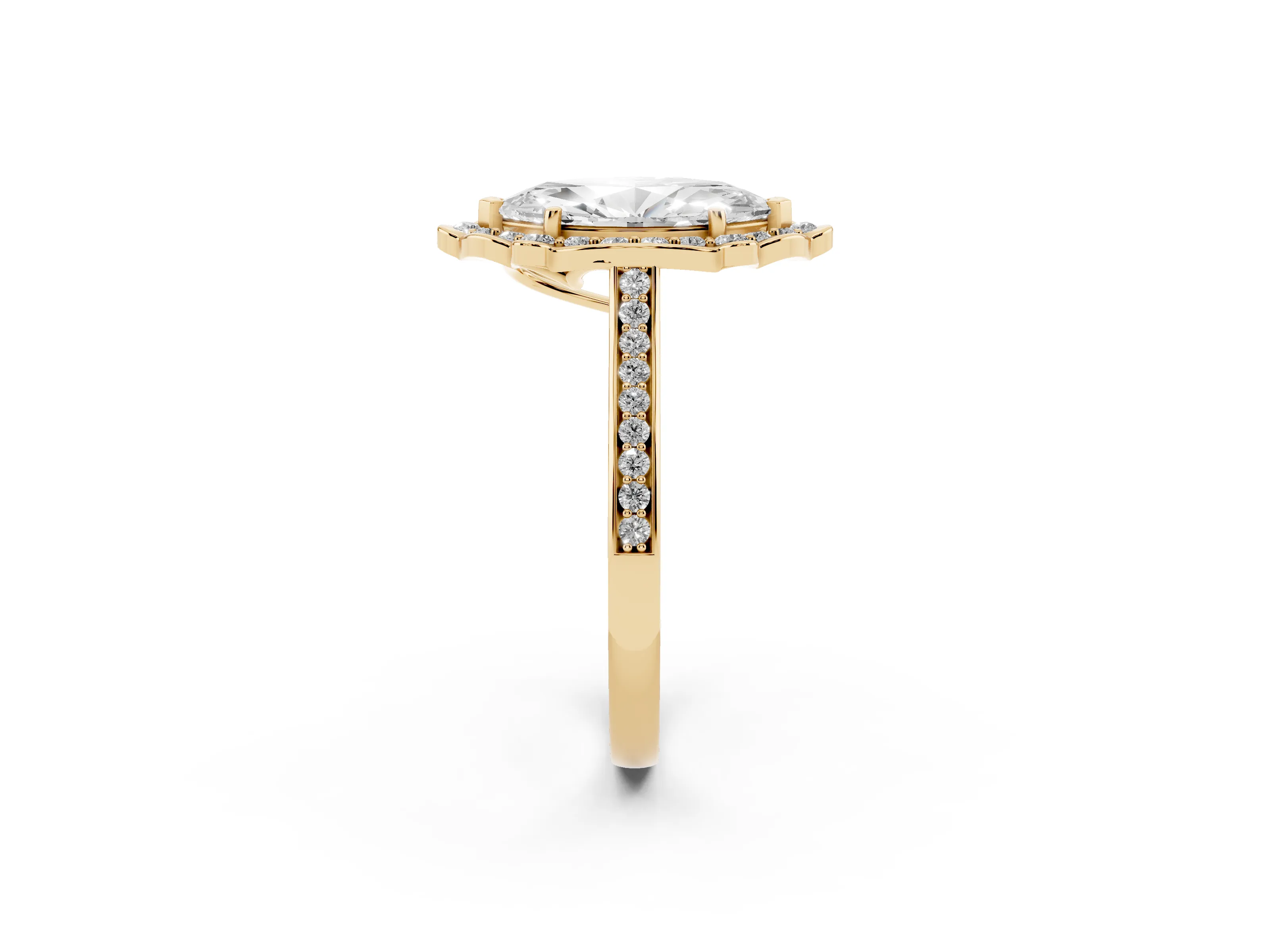 Marquise Cut Diamond Halo Ring Set in Yellow gold with Pavé-Lined Shoulders and Prong Setting