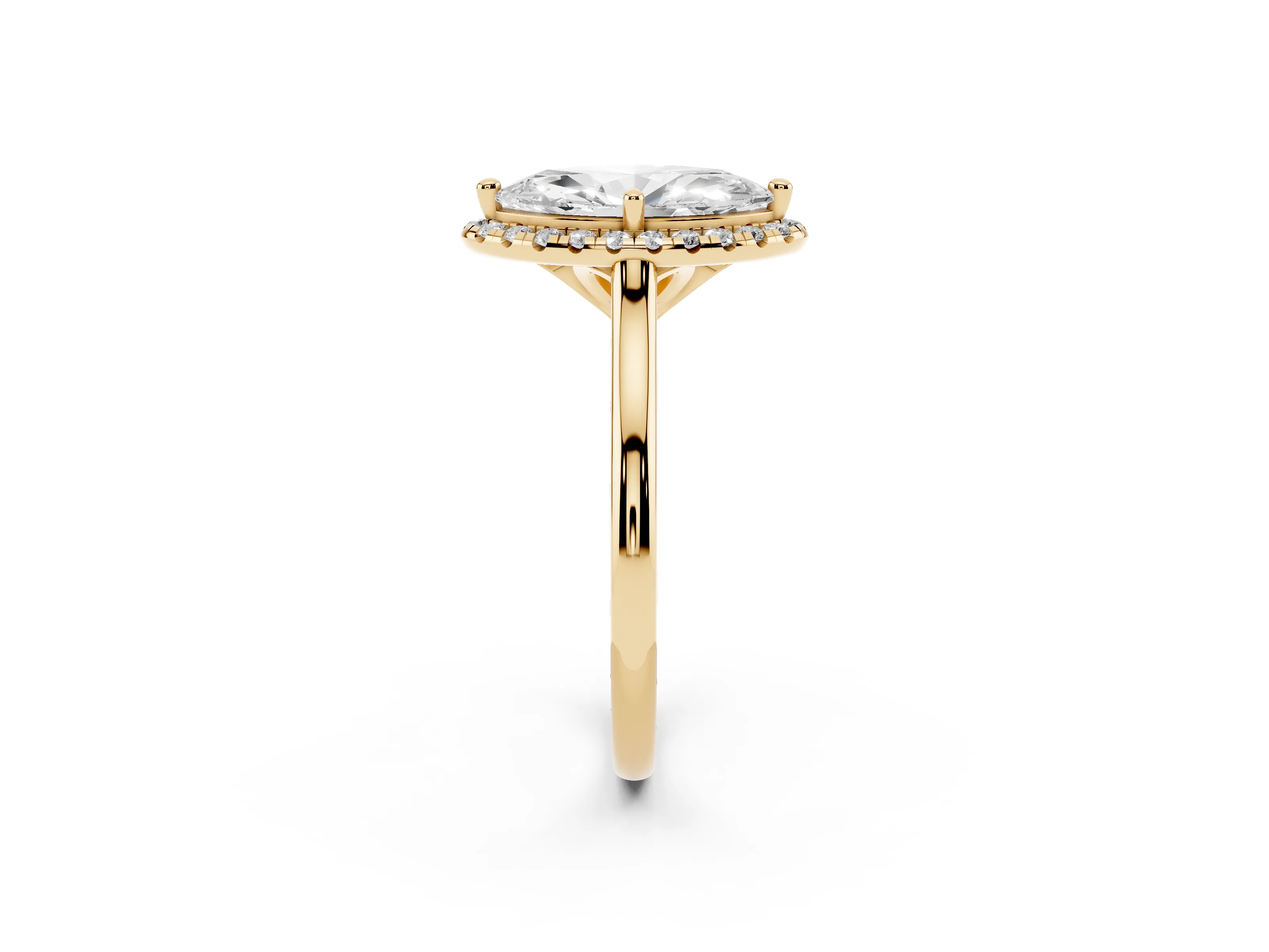 Marquise Cut Diamond Halo Engagement Ring Set in Yellow gold with Pavé Band and Rising Shoulders