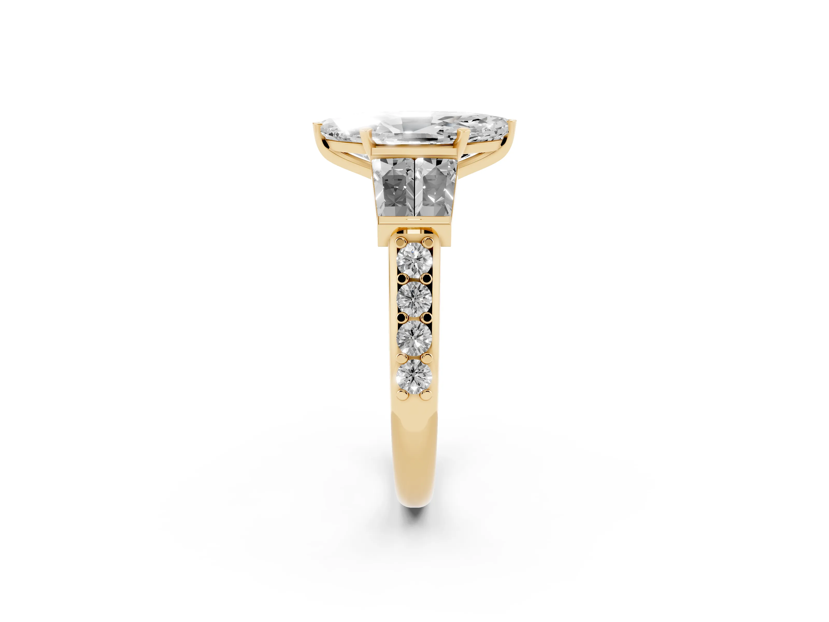 Marquise Cut Diamond Engagement Ring Set in Yellow gold with Baguette Side Stones and Channel Set Band