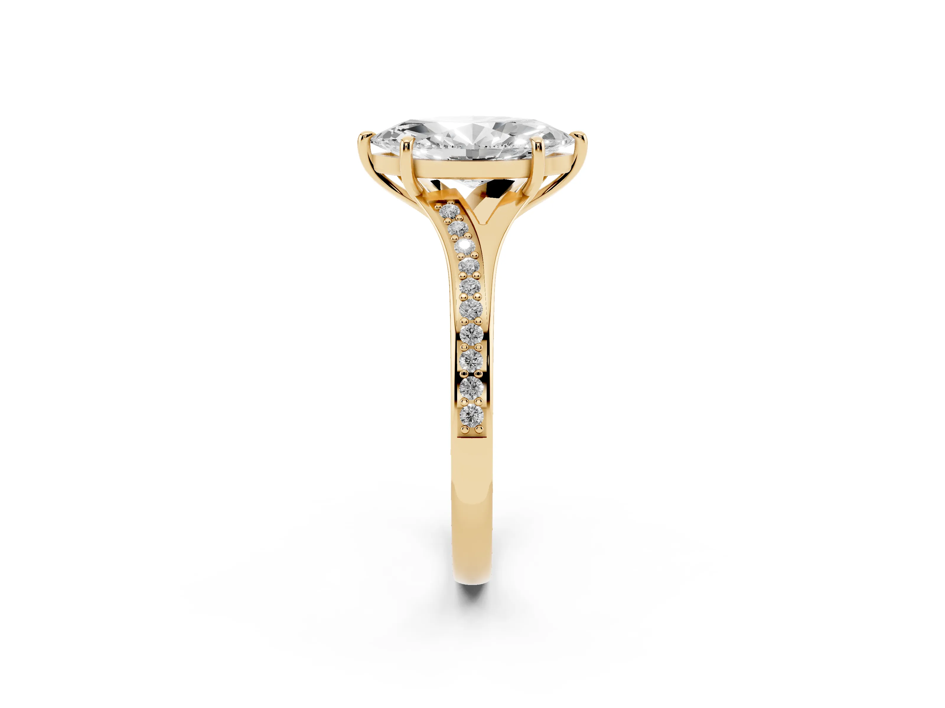 Marquise Cut Diamond Solitaire Ring Set in Yellow gold with Pavé Accent Band and Classic Prong Setting