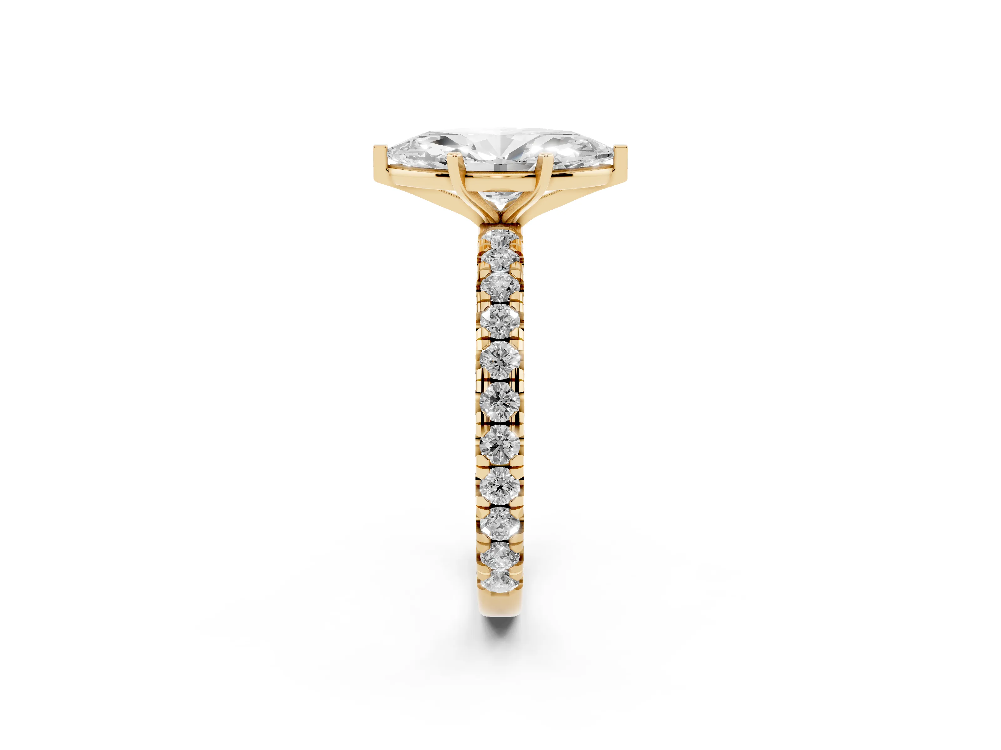 Marquise Cut Diamond Pavé Solitaire Ring Set in Yellow gold with Round Band and Prong Setting