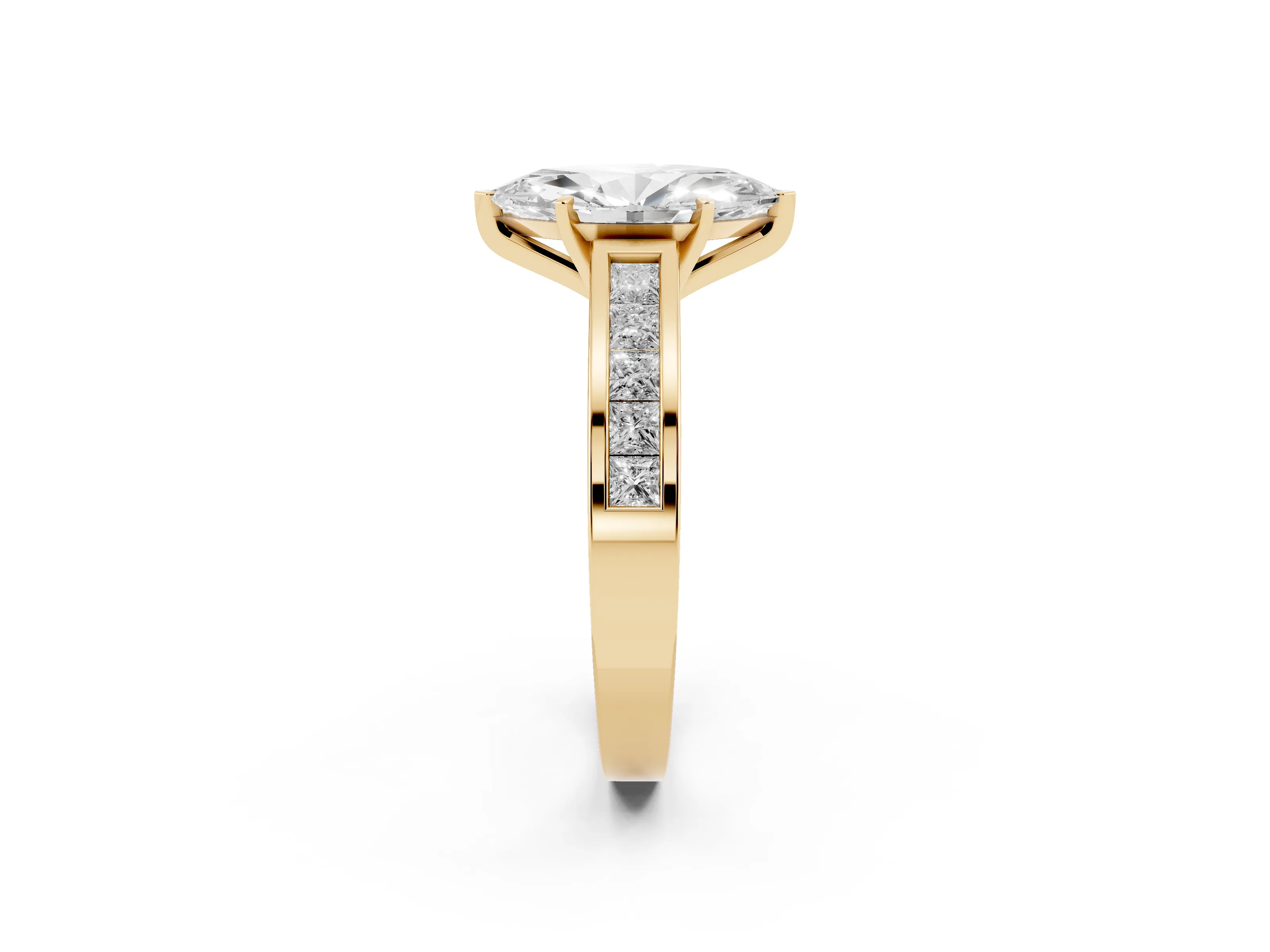Marquise Cut Diamond Solitaire Ring Set in Yellow gold with Channel-Set Band and Prong Setting