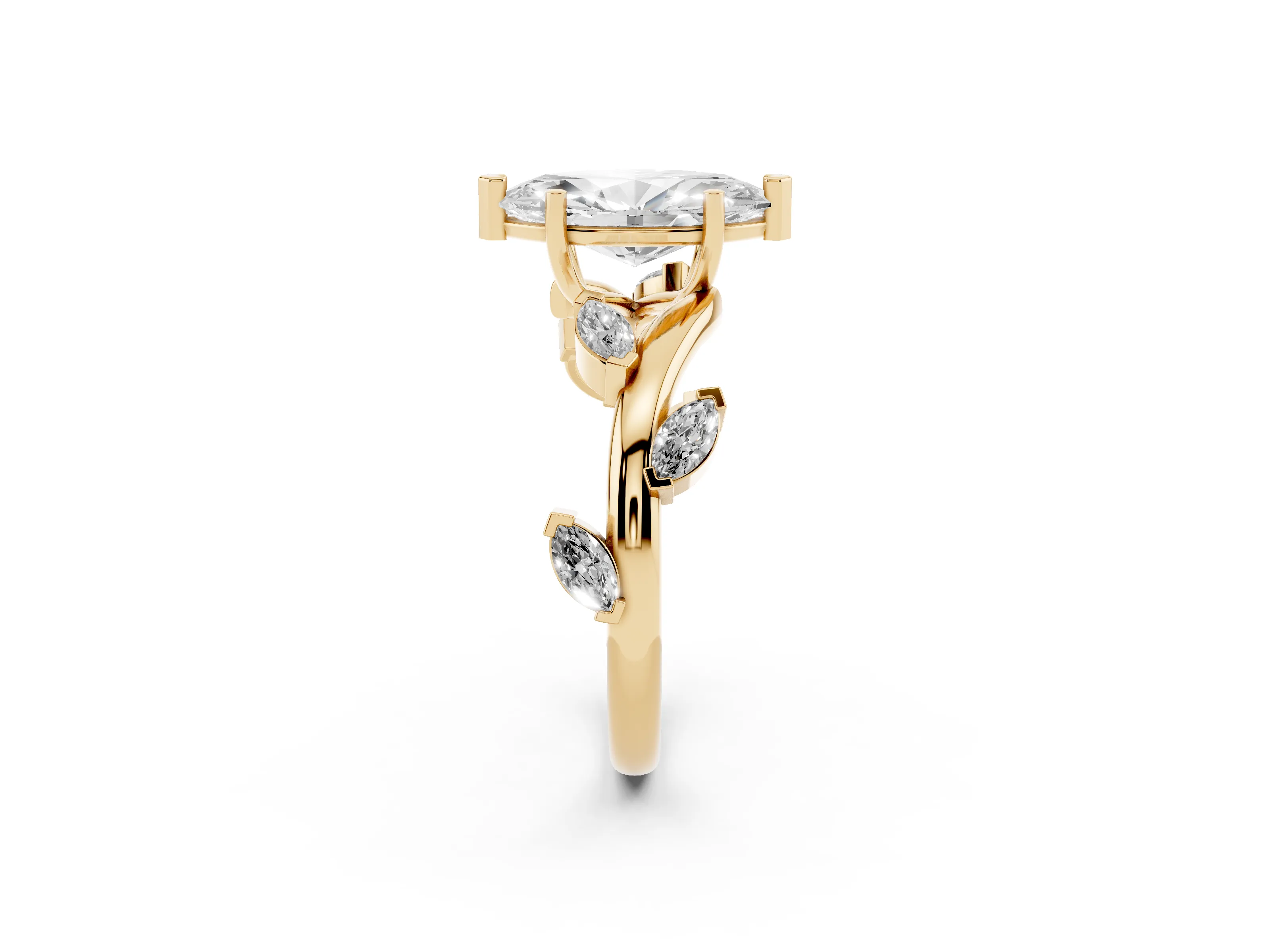Marquise Cut Diamond Solitaire Ring Set in Yellow gold with Twisted Marquise Accent Band
