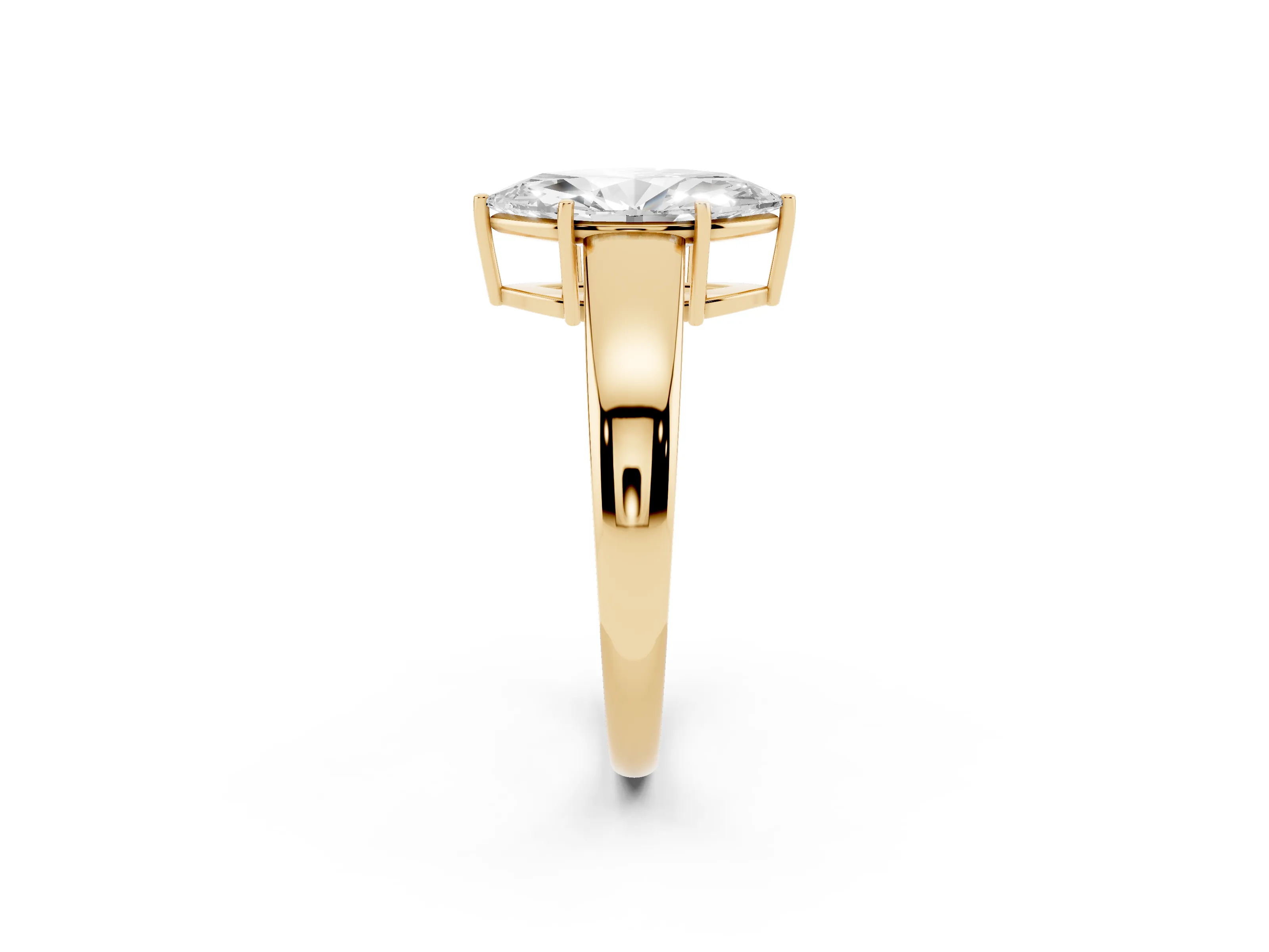 Marquise Cut Diamond Solitaire Ring Set in Yellow gold with Tapered Band and Prong Setting