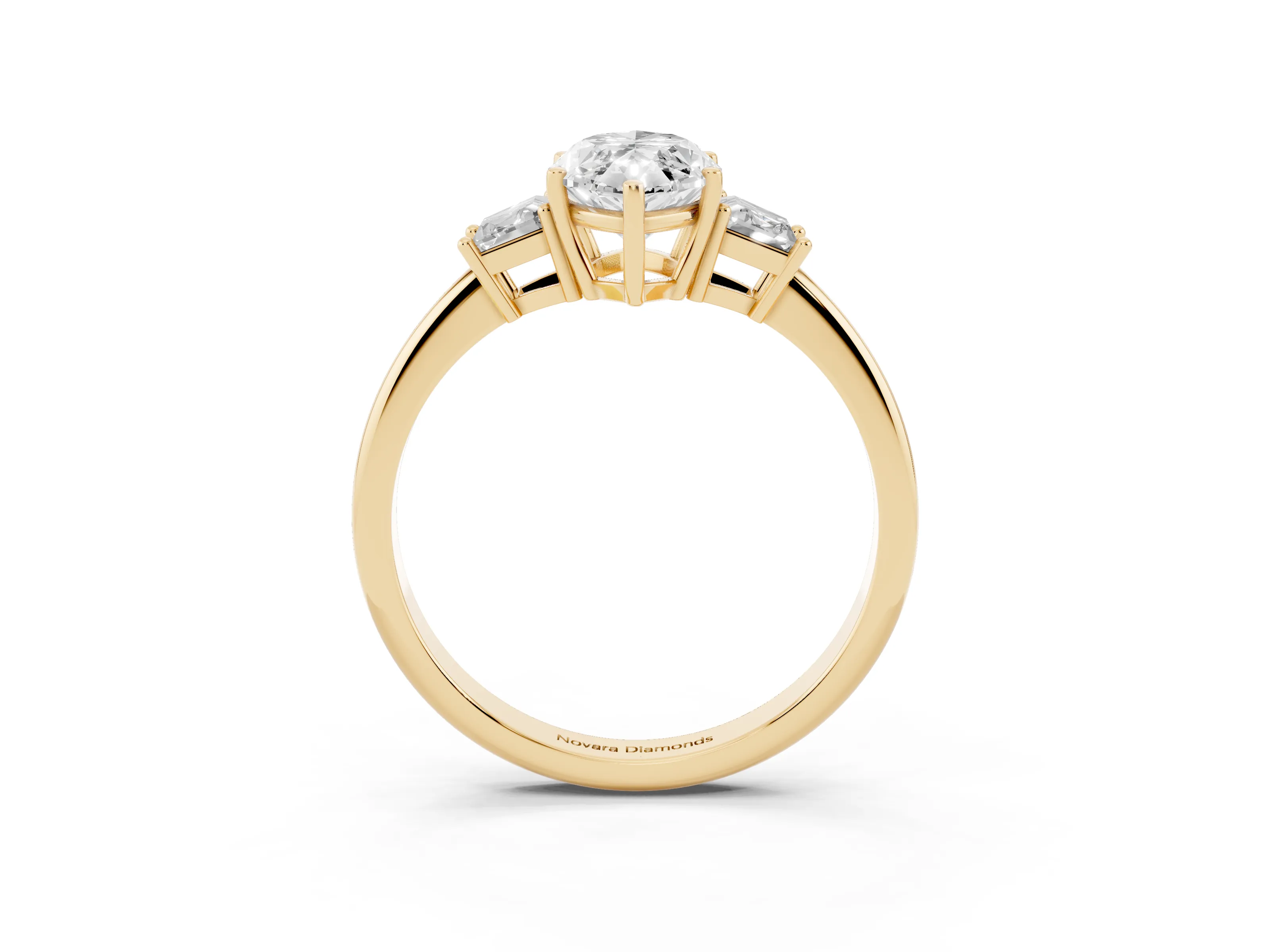 Marquise Cut Diamond Three-Stone Ring Set in Yellow gold with Trapezoid Side Stones and Prong Setting