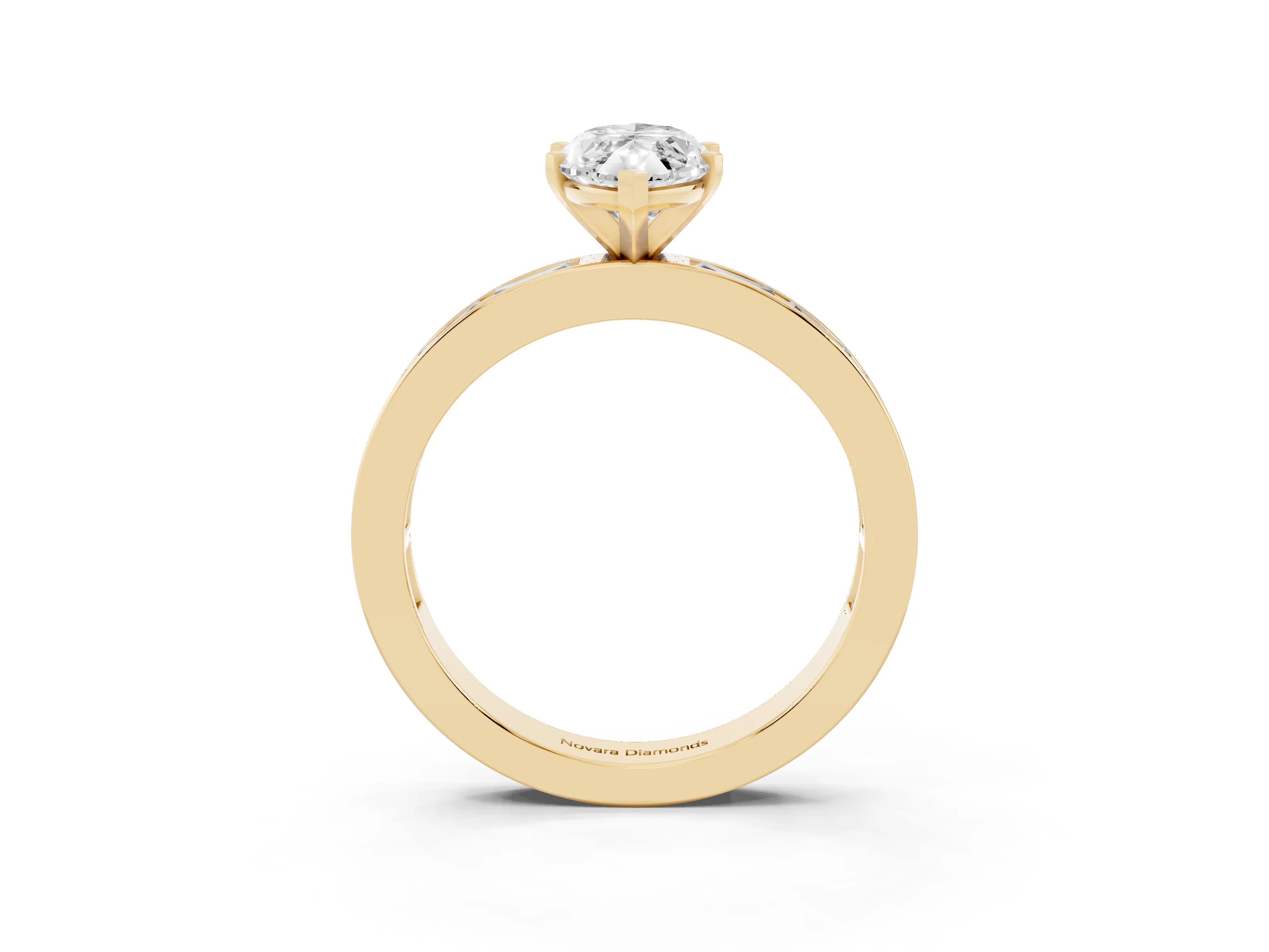 Marquise Cut Diamond Solitaire Ring Set in Yellow gold with Channel-Set Baguette Band and Prong Setting