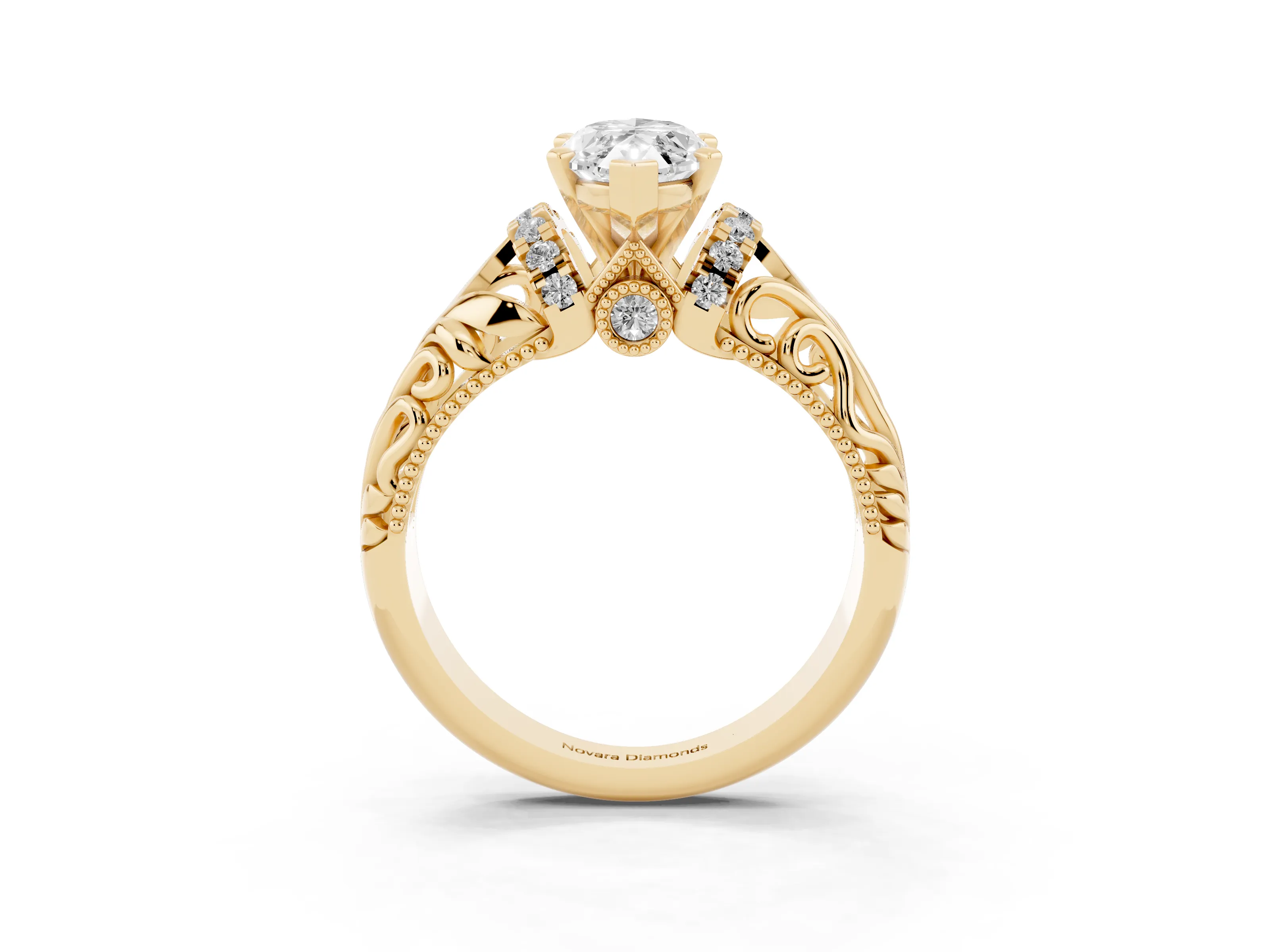 Marquise Cut Diamond Filigree Halo Engagement Ring Set in Yellow gold with Prong Setting