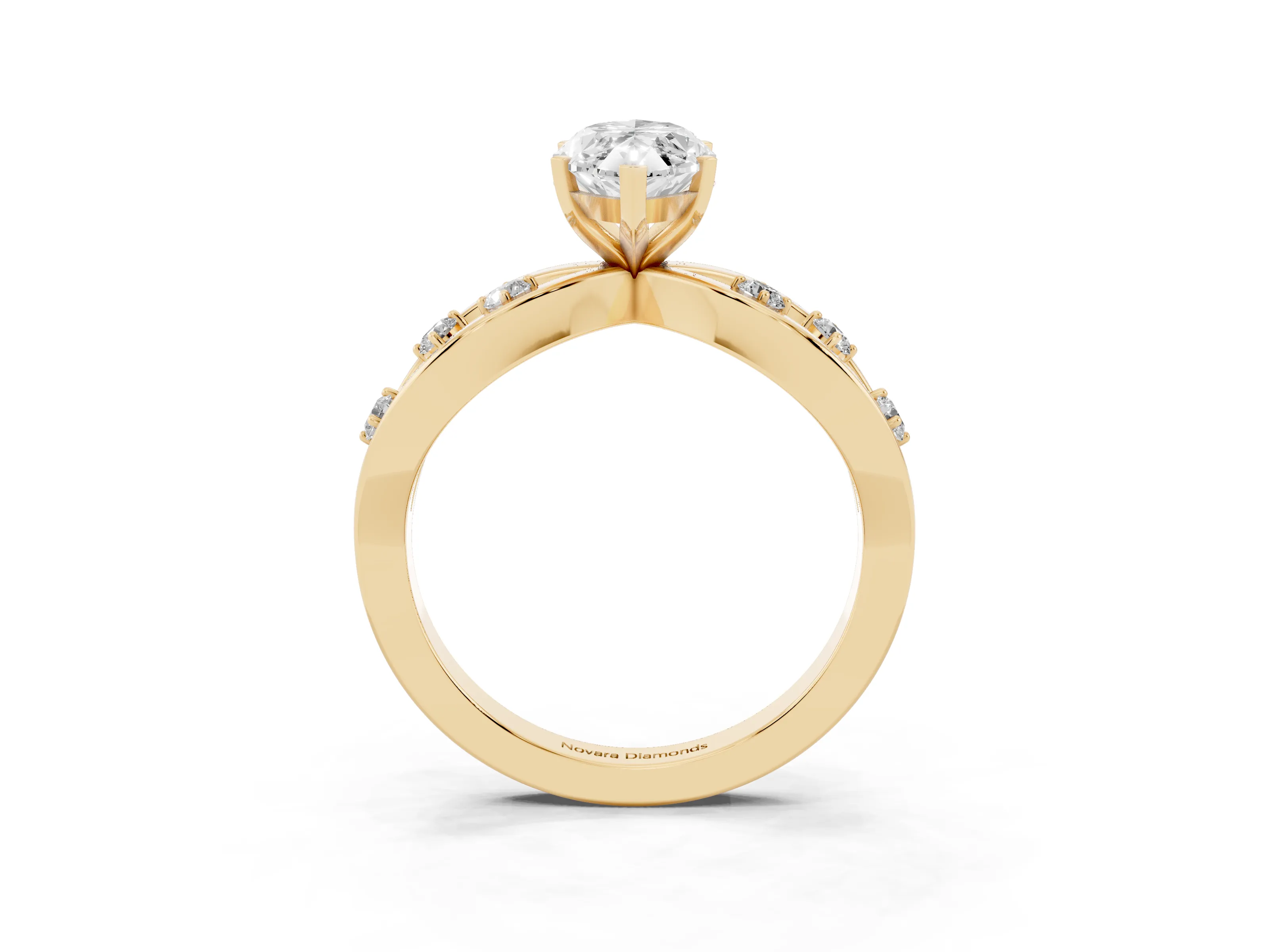 Marquise Cut Diamond Solitaire Ring Set in Yellow gold with Side Stones on Criss-Cross Band and Prong Setting