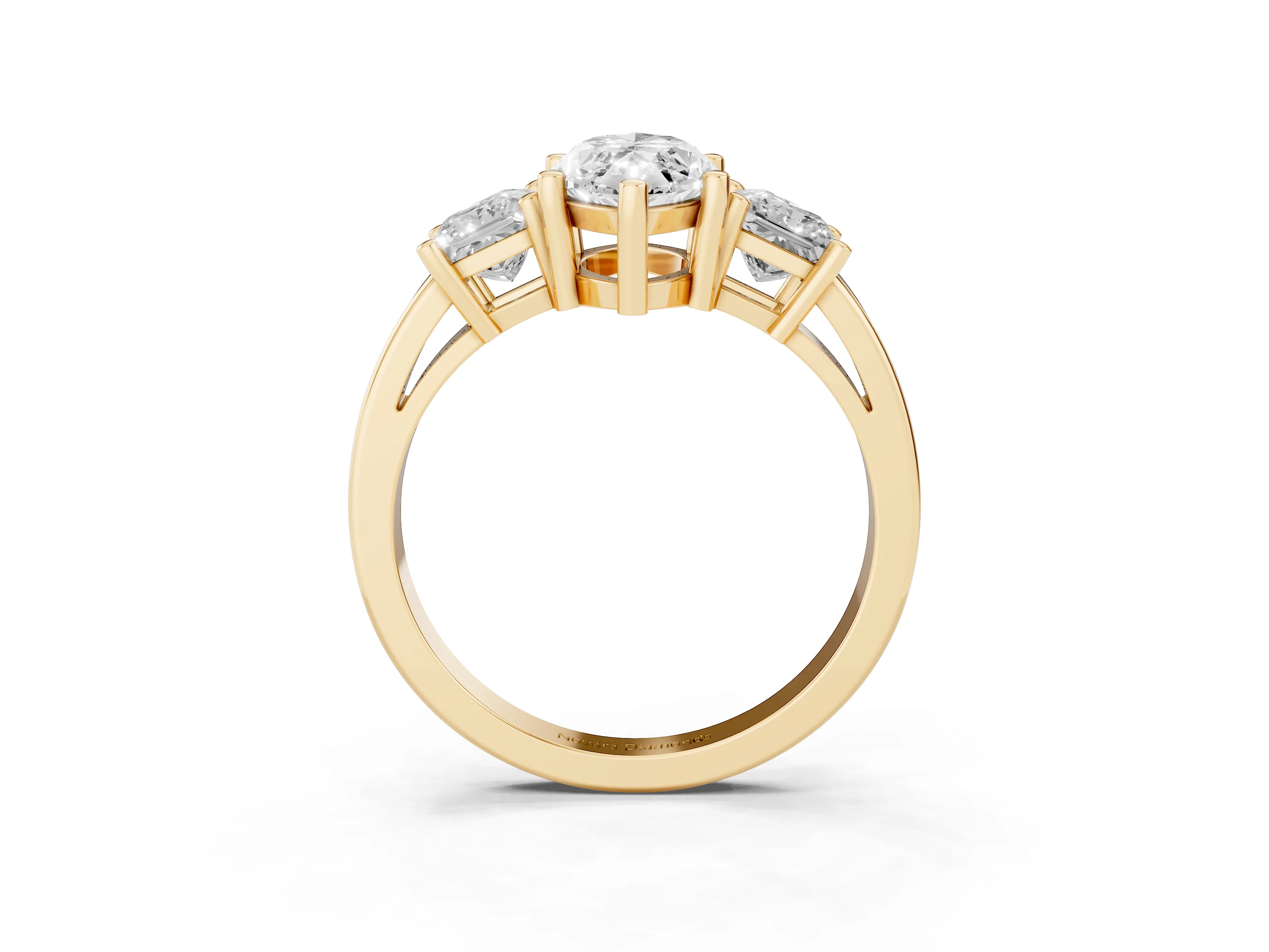 Three-Stone Marquise Cut Diamond Solitaire Ring Set in Yellow gold with Prong Setting