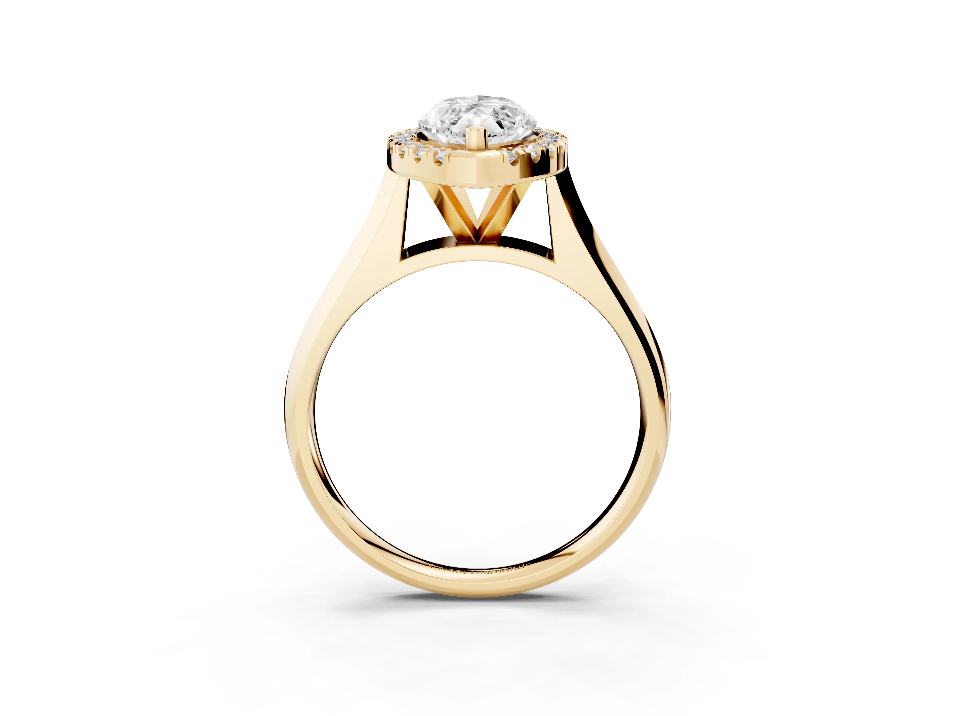 Marquise Cut Diamond Halo Solitaire Engagement Ring Set in Yellow gold with Square Band and Prong Setting