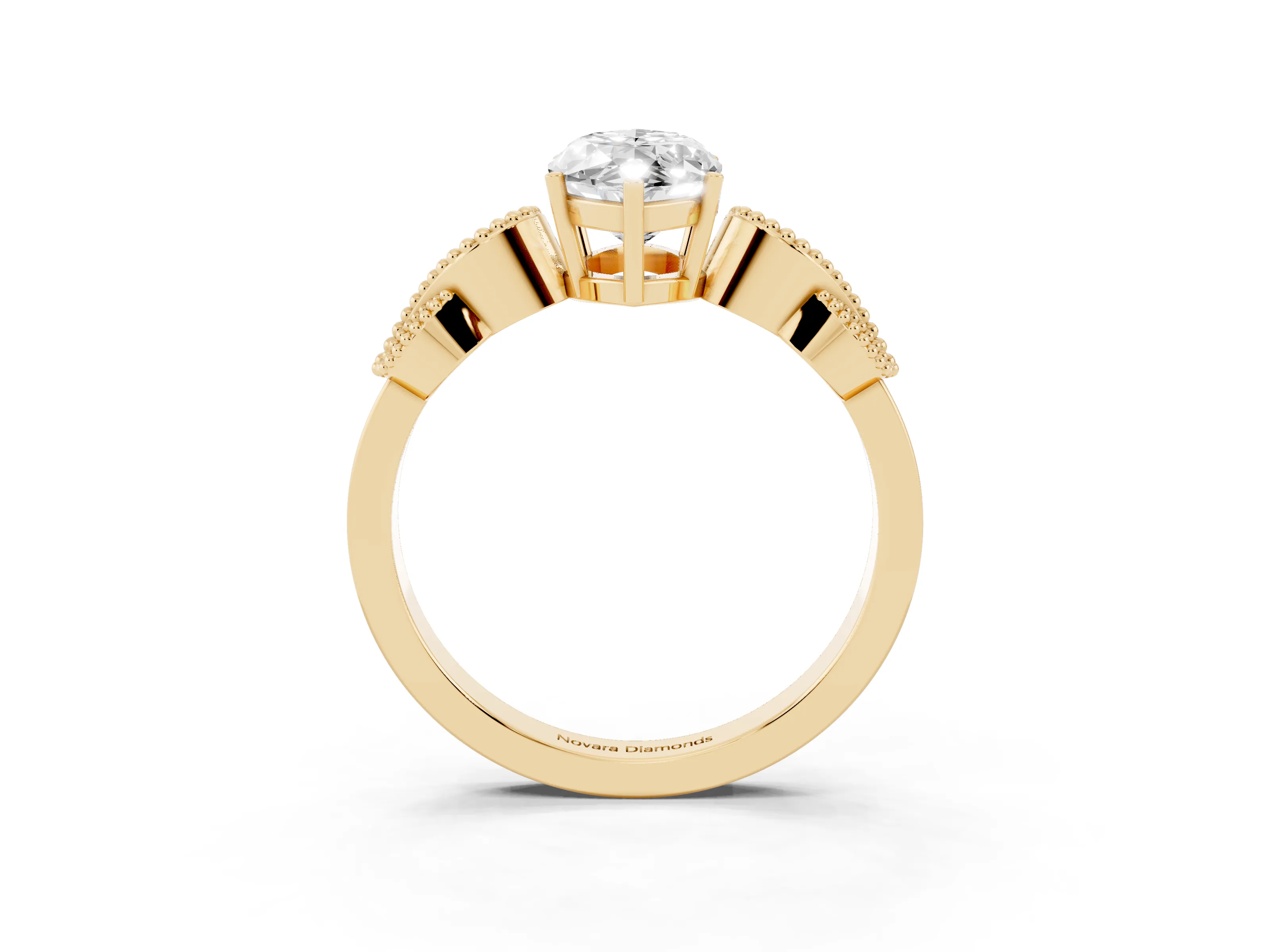 Marquise Cut Diamond Milgrain Leaf Band Solitaire Ring Set in Yellow gold with Accent Stones and Prong Setting