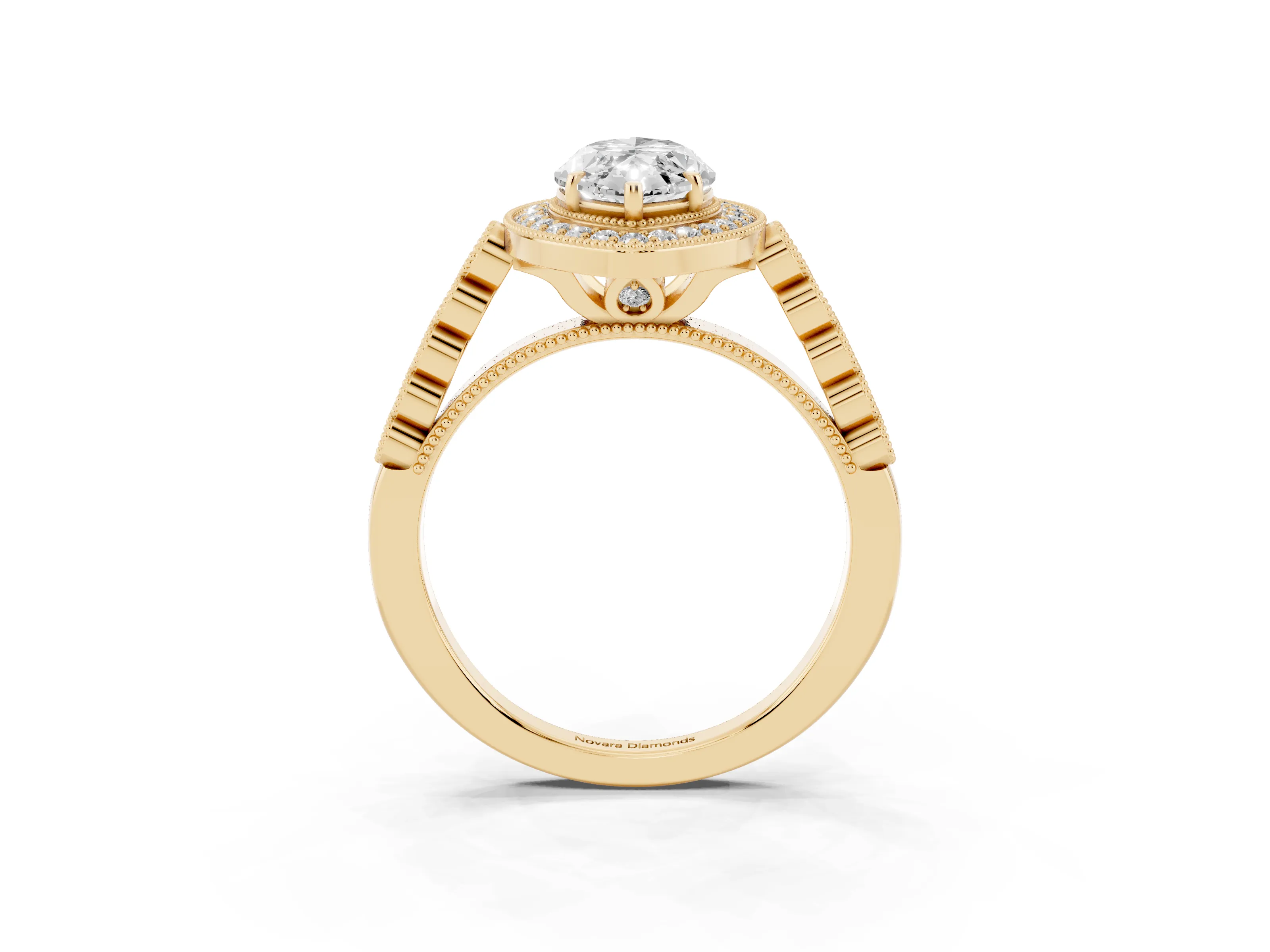 Marquise Cut Diamond Milgrain Halo Solitaire Ring Set in Yellow gold with Bezel Set Side Stones and Pavé Band