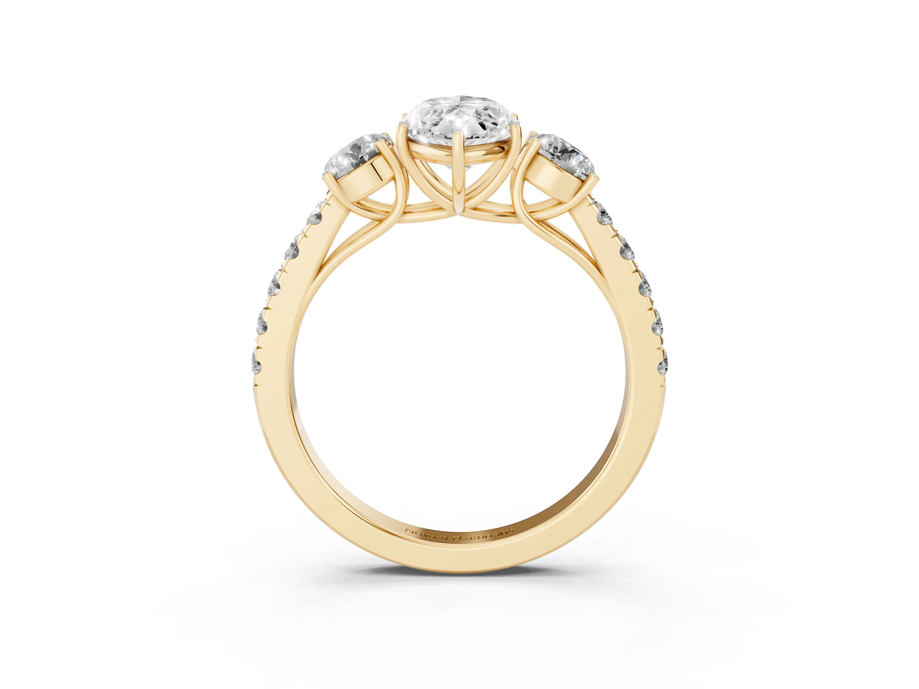 Marquise Cut Diamond Three-Stone Ring Set in Yellow gold with Round Side Stones and Delicate Pavé Band