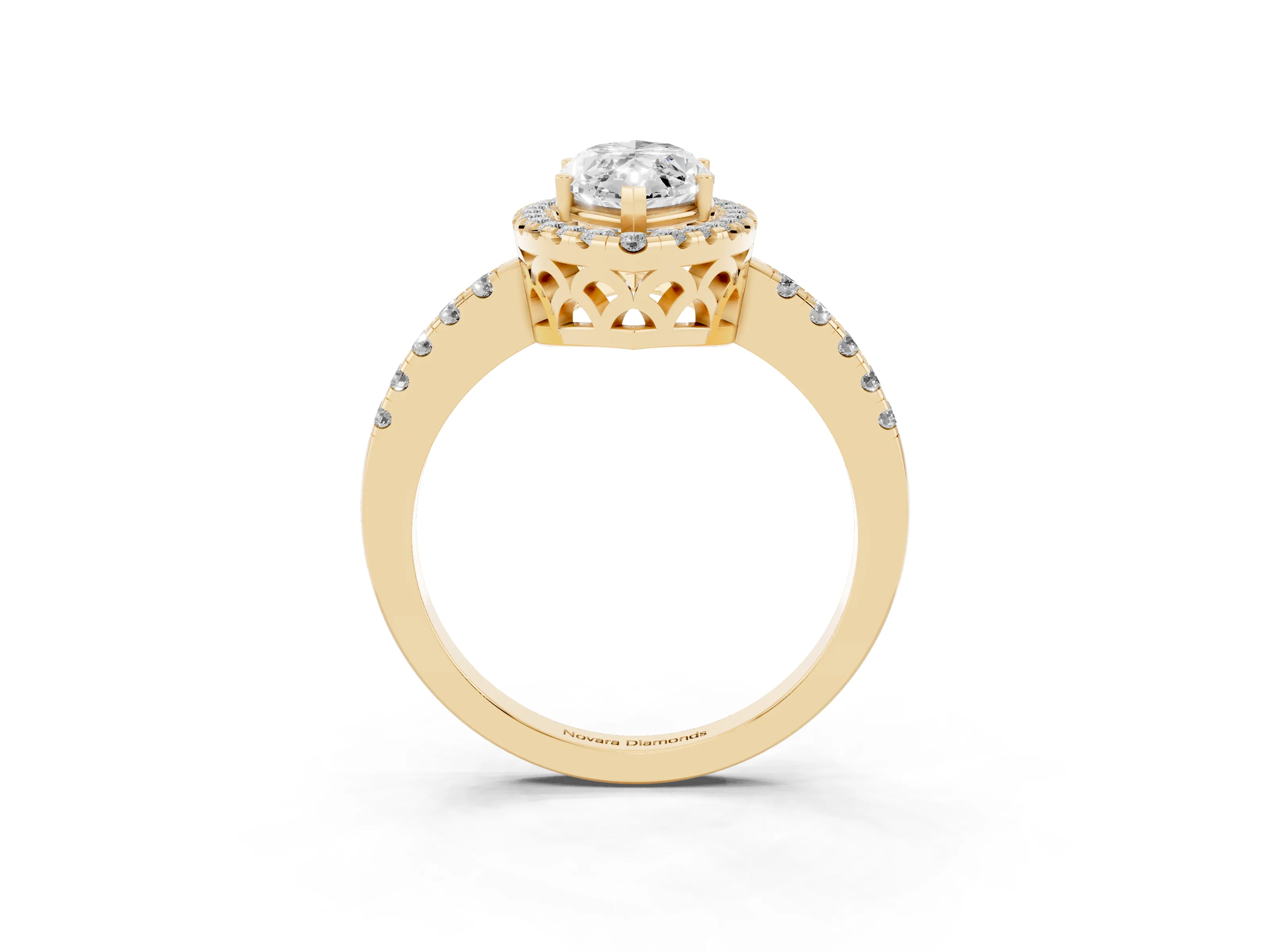 Marquise Cut Diamond Pavé Band Halo Engagement Ring Set in Yellow gold with Prong Setting