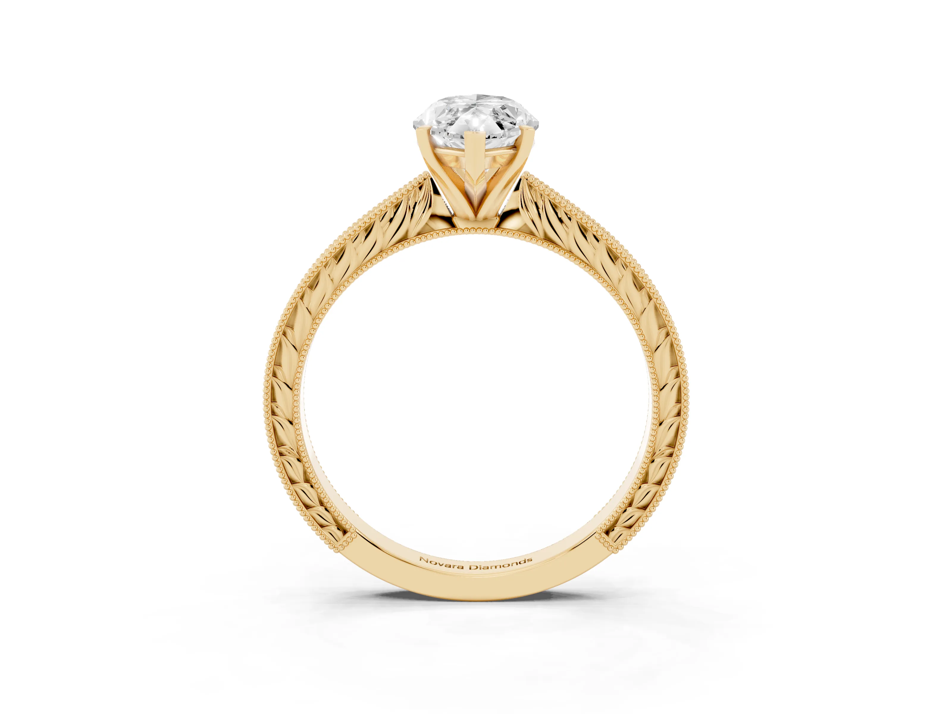 Marquise Cut Diamond Solitaire Milgrain Engraved Band Set in Yellow gold with Prong Setting