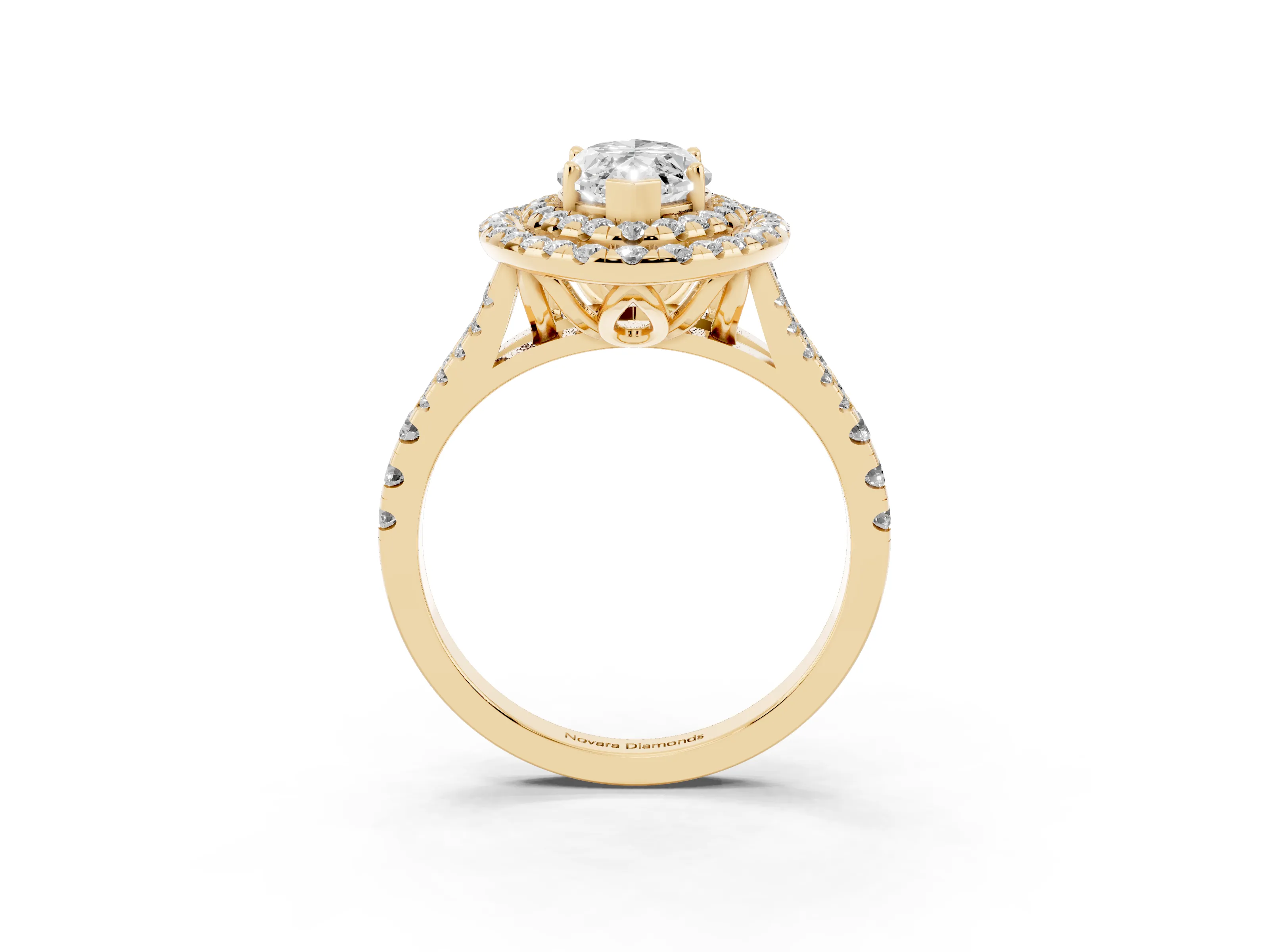 Marquise Cut Diamond Double Halo Ring Set in Yellow gold with Pavé Split Shank and Prong Setting
