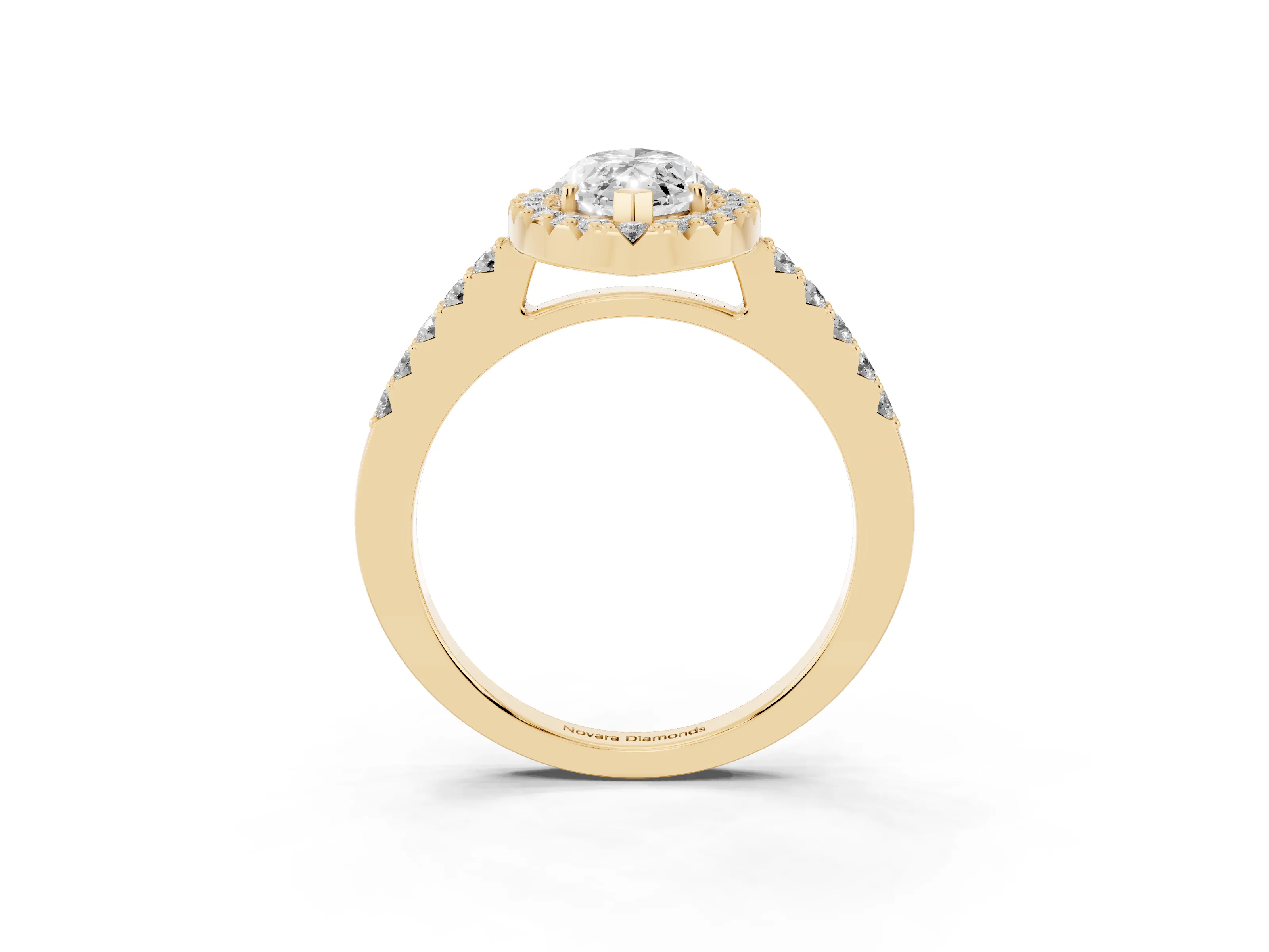 Marquise Cut Diamond Halo Pavé Solitaire Ring Set in Yellow gold with Prong-Set Center Stone