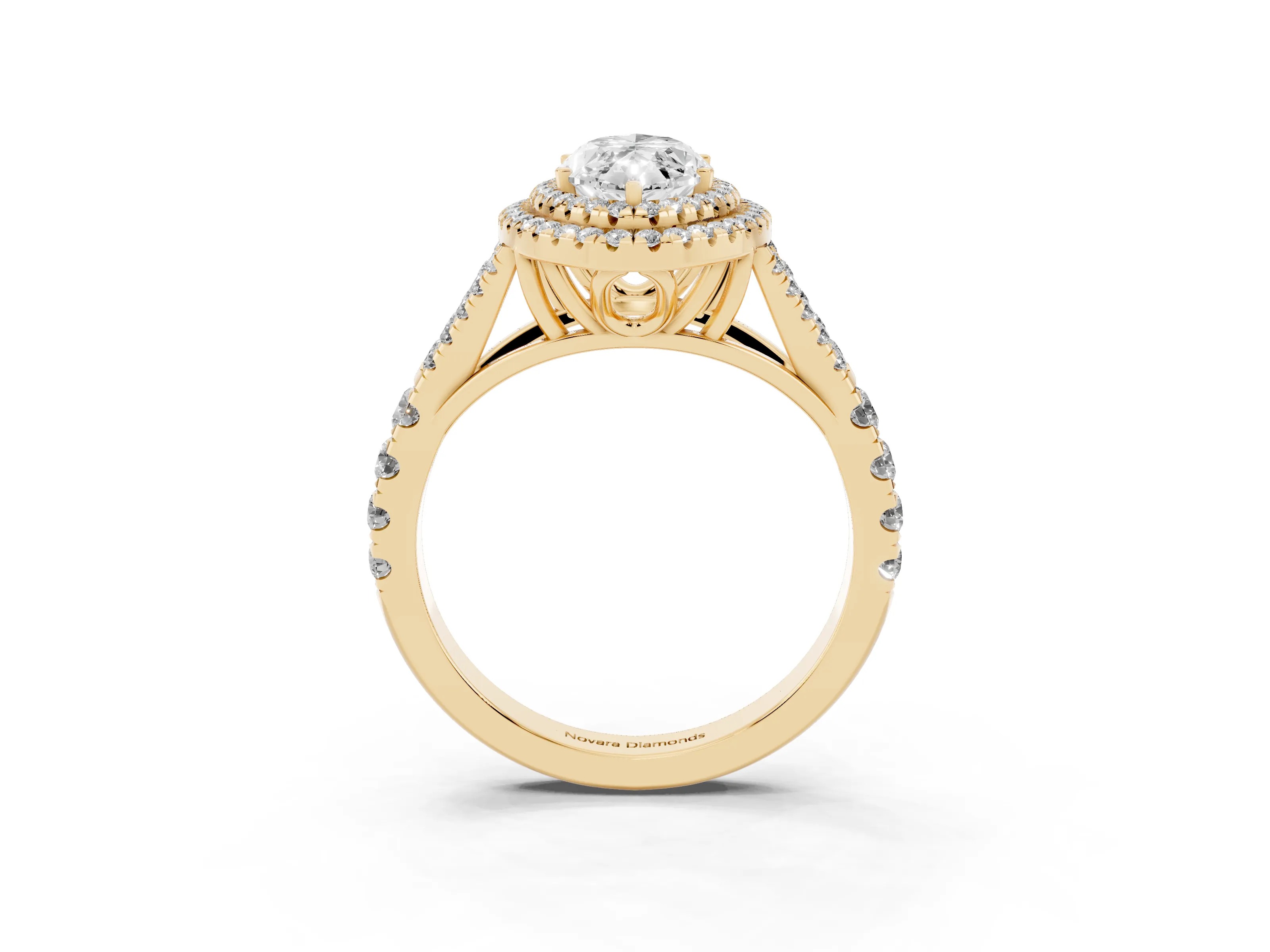 Marquise Cut Diamond Pavé Split Shank Double Halo Engagement Ring Set in Yellow gold