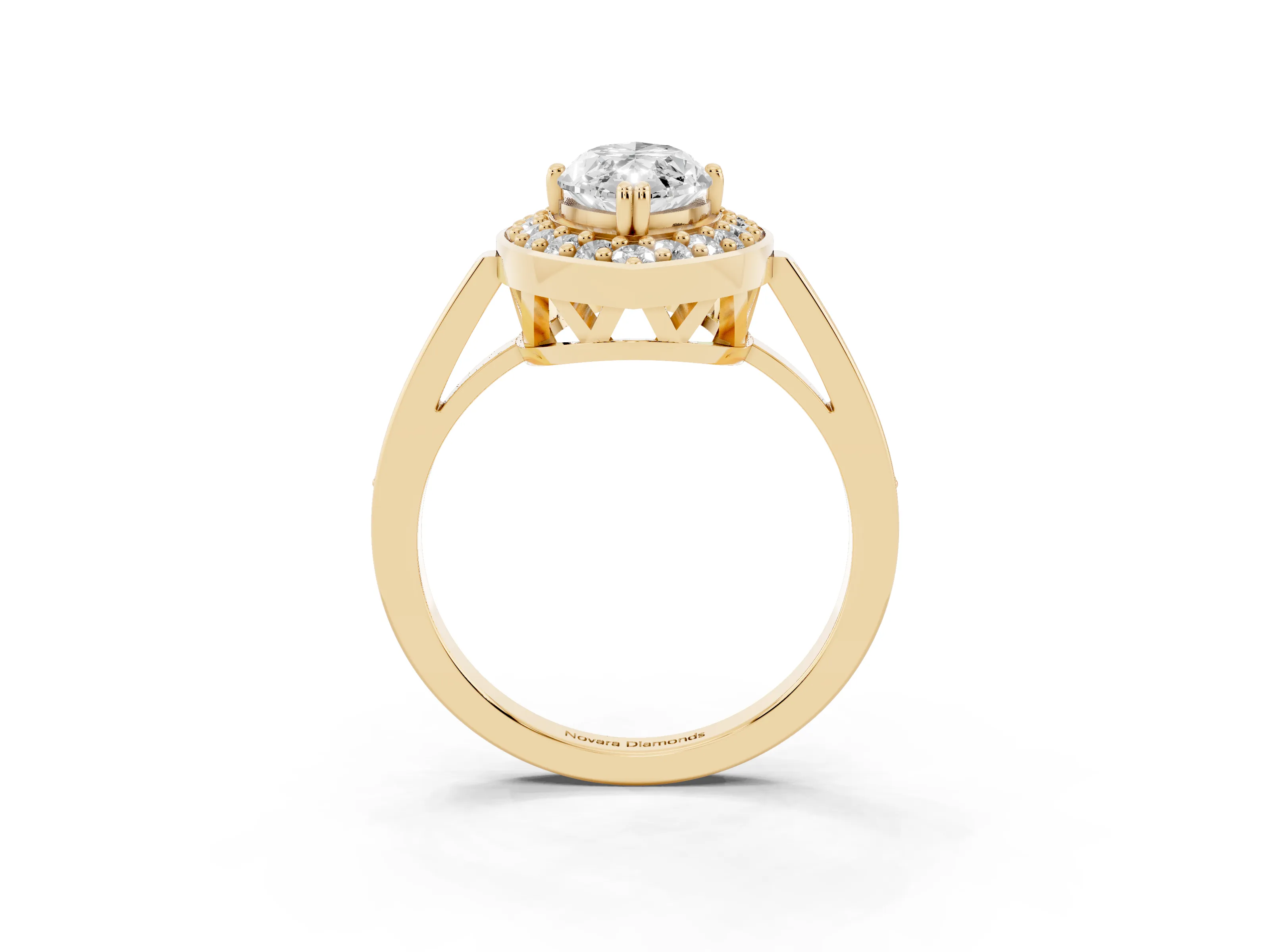 Marquise Cut Diamond Halo Ring Set in Yellow gold with Accent-Lined Split Shank and Prong Setting