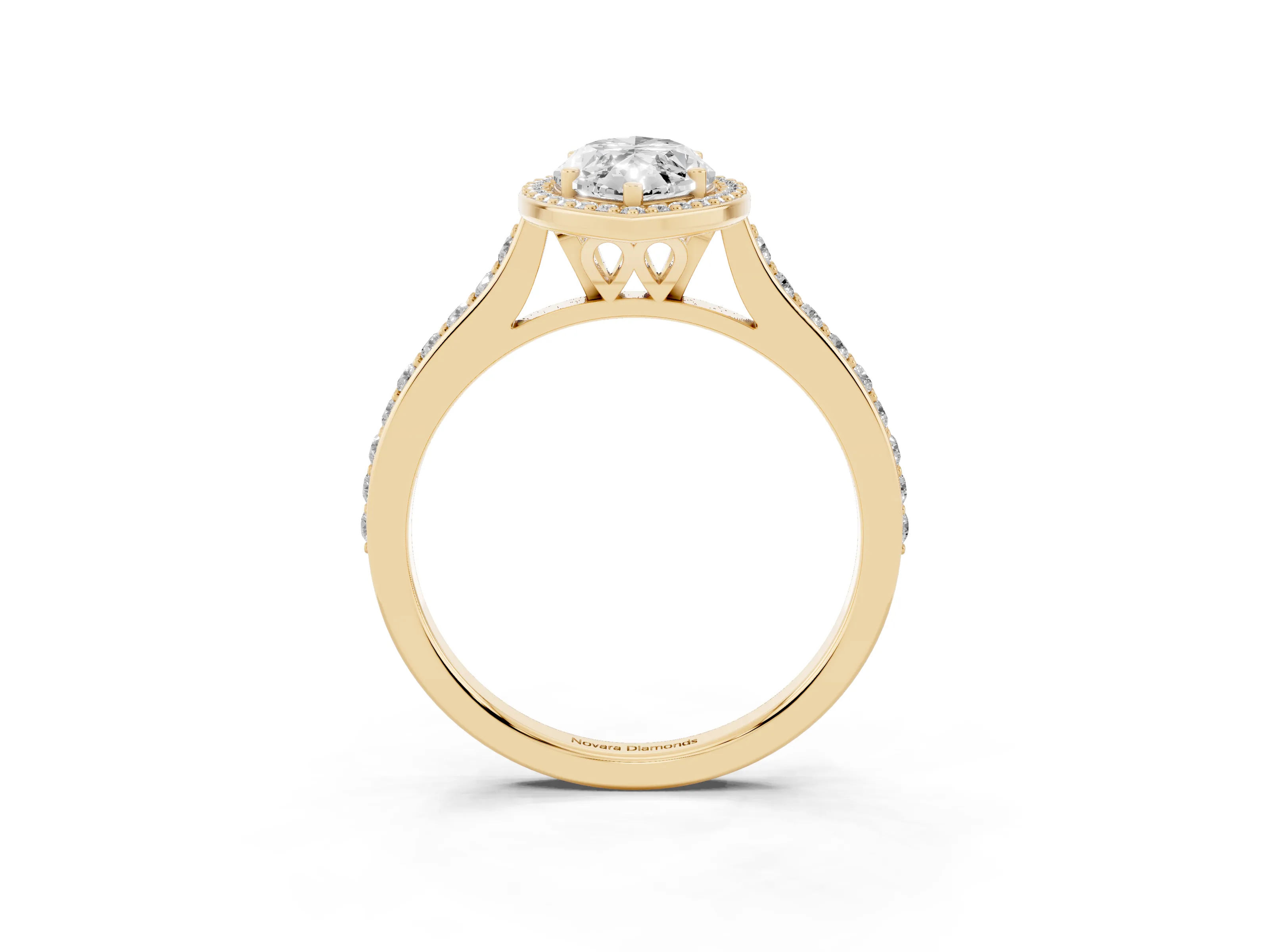 Marquise Cut Diamond Halo Engagement Ring Set in Yellow gold with Round Pavé Shoulders and Heart Gallery