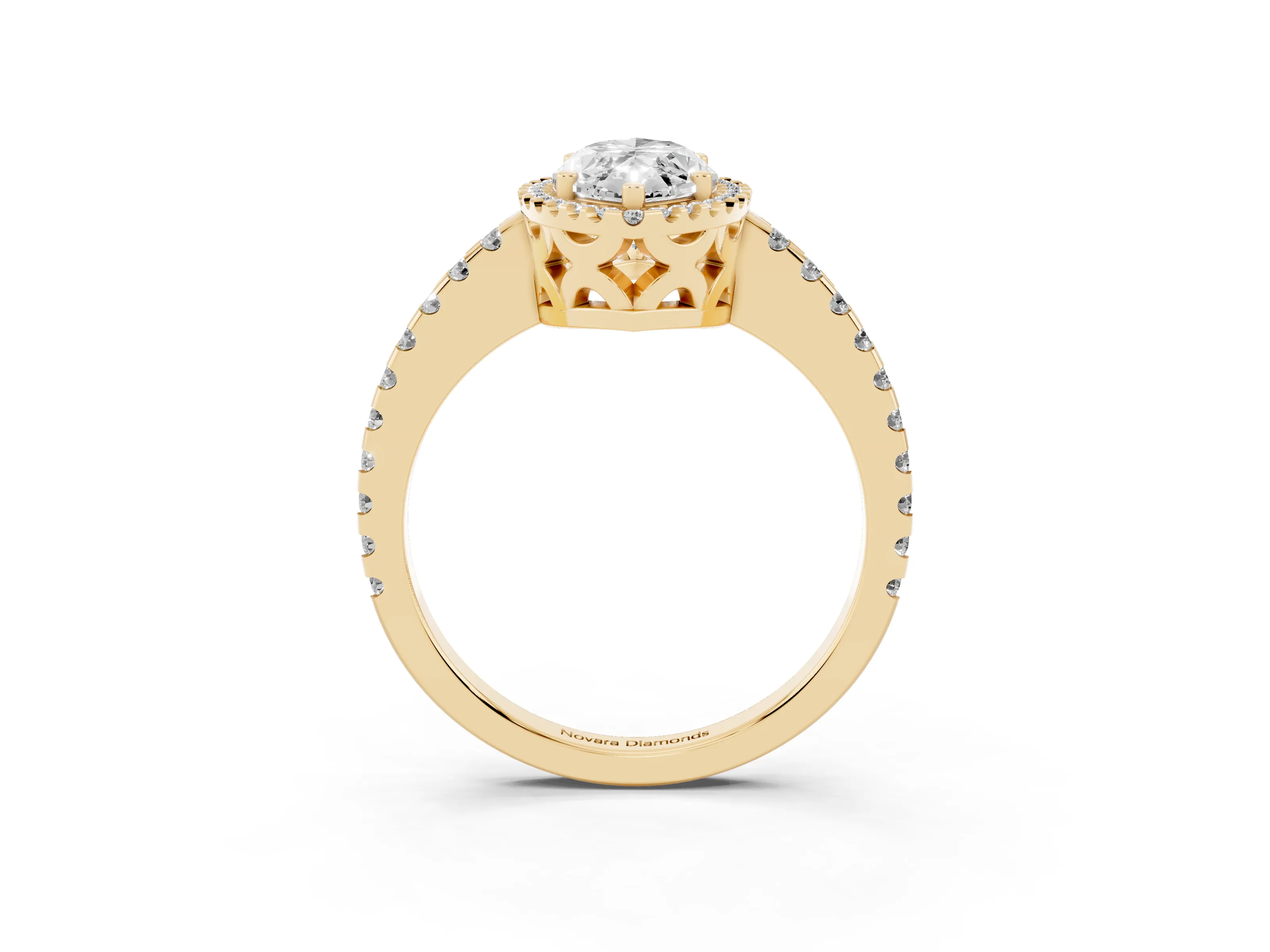 Marquise Cut Diamond Halo Ring Set in Yellow gold with Pavé Shoulders and Halo-Framed Center