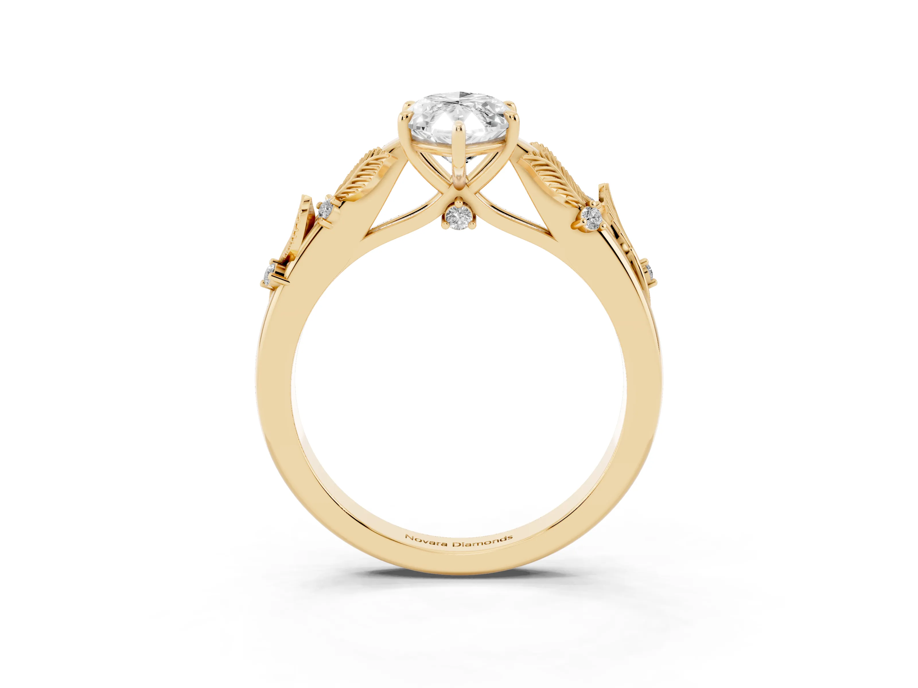Marquise Cut Diamond Solitaire Ring Set in Yellow gold with Leaf Motif Band