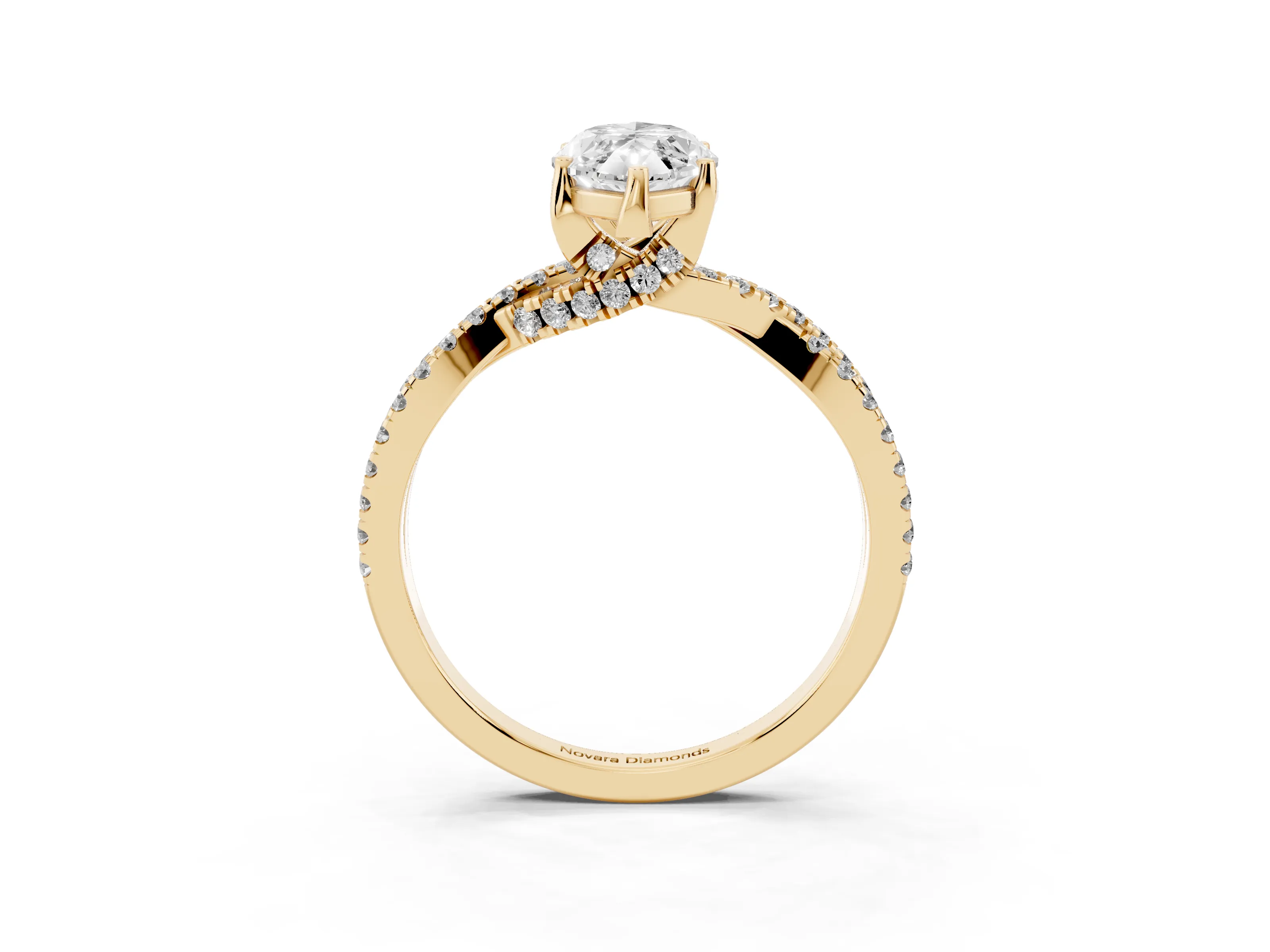 Marquise Cut Diamond Twist Pavé Solitaire Engagement Ring Set in Yellow gold with Prong Setting