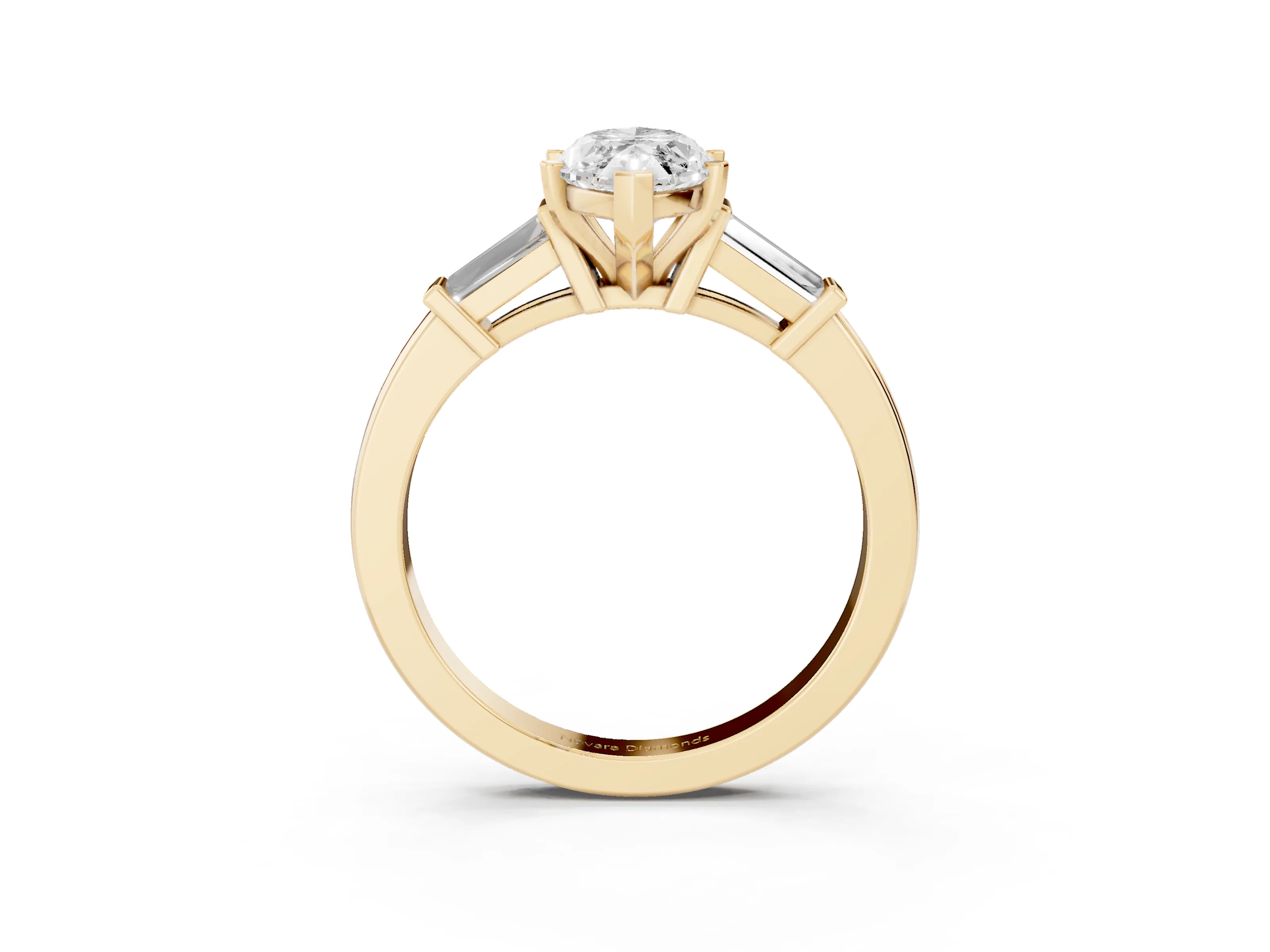 Marquise Cut Diamond Solitaire Ring Set in Yellow gold with Tapered Baguette Accents and Prong Setting
