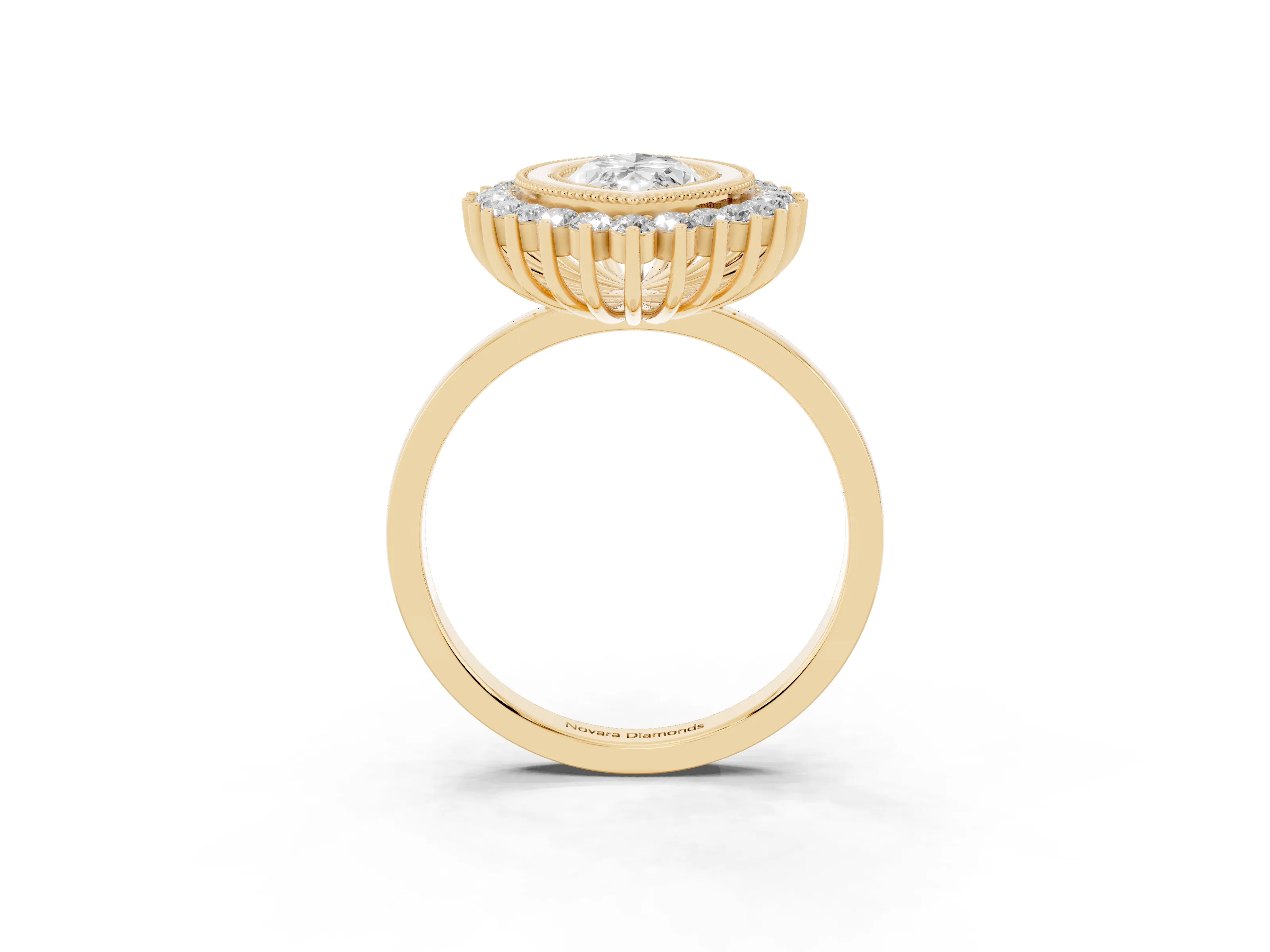 Marquise Cut Diamond Halo Ring Set in Yellow gold with Milgrain Edge and Round Prong Setting