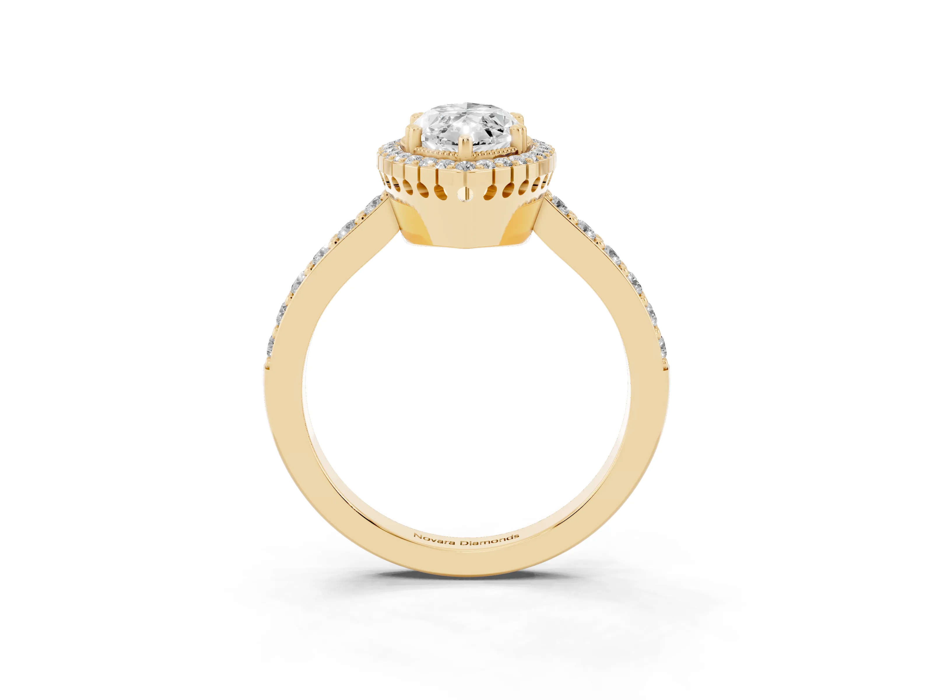 Marquise Cut Diamond Halo Engagement Ring Set in Yellow gold with Milgrain Detail and Pavé Band
