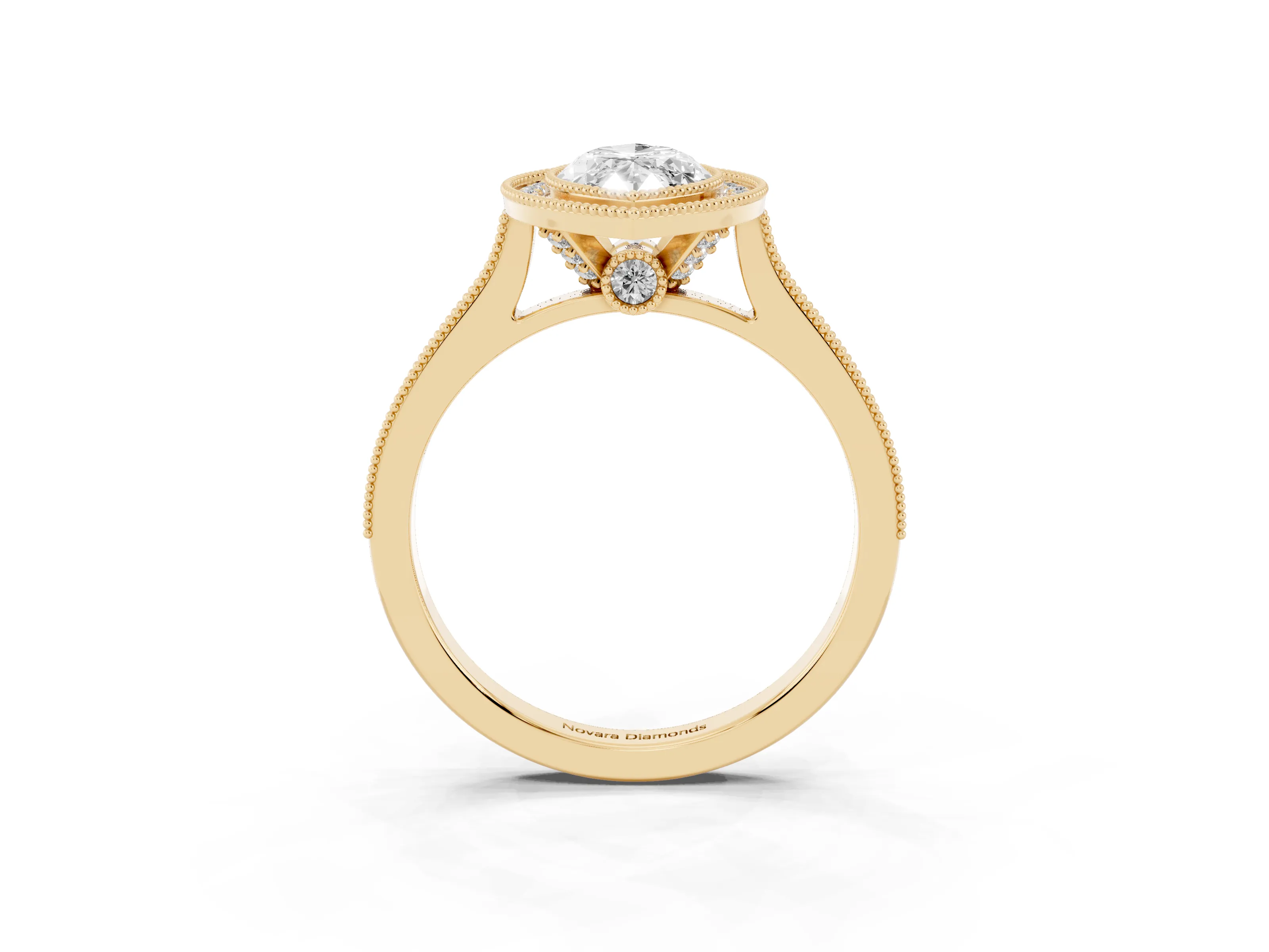 Marquise Cut Diamond Halo Milgrain Pavé Band Ring Set in Yellow gold with Prong Setting